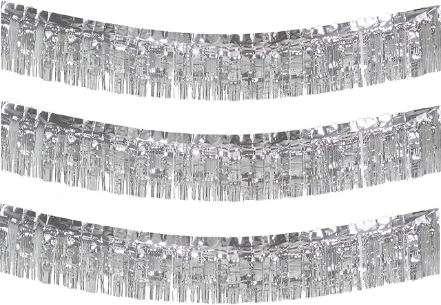 Blukey 10 Feet Long Roll Foil Fringe Garland - Pack of 3 | Shiny Metallic Tassle Banner | Ideal for Parade Floats, Bridal Shower, Wedding, Birthday | Wall Hanging Fringe Garland Banner (Silver)