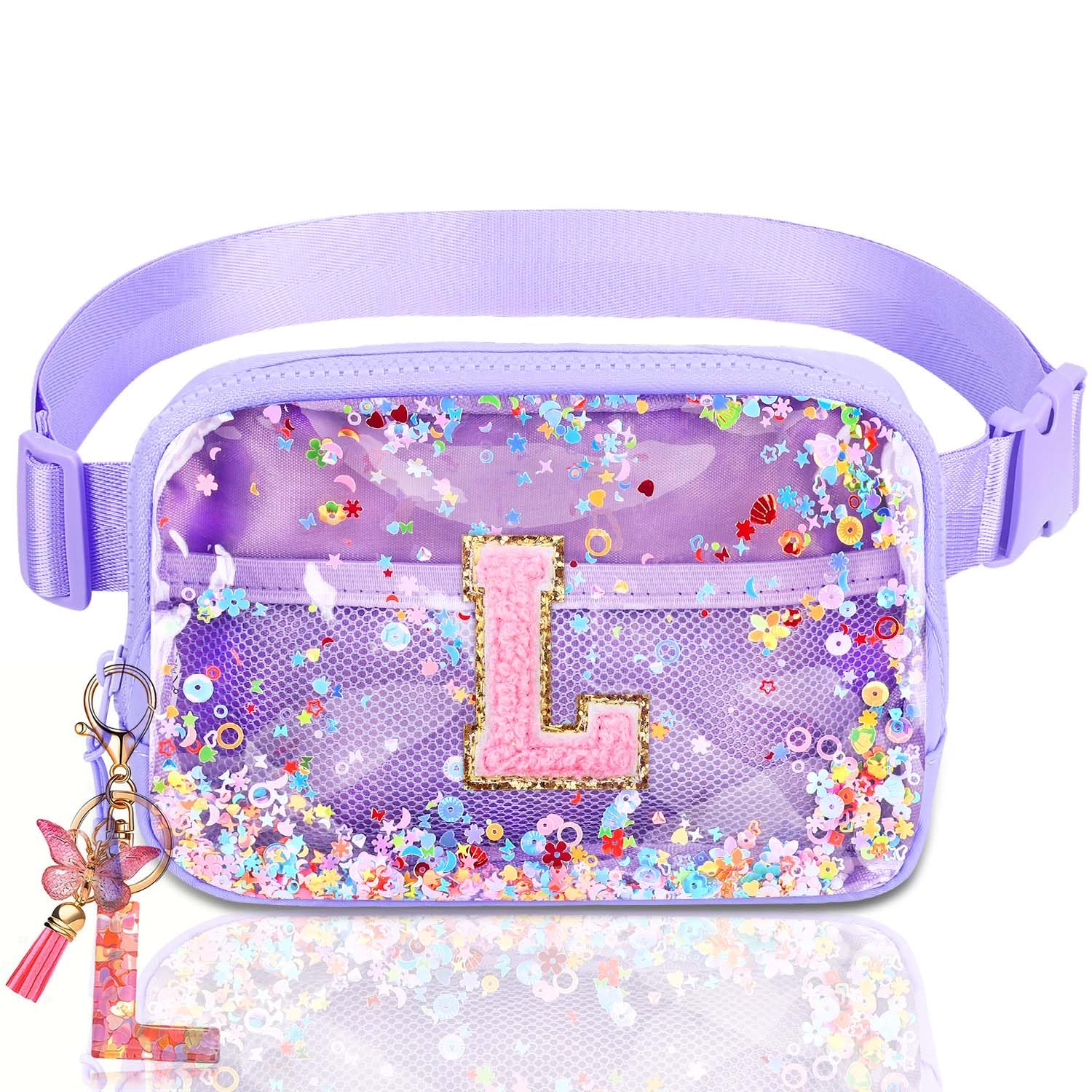 Initial Fanny Pack for Girls - Belt Bag for Teens Kid Teen Girl Kid Birthday Gift Clear Purple L