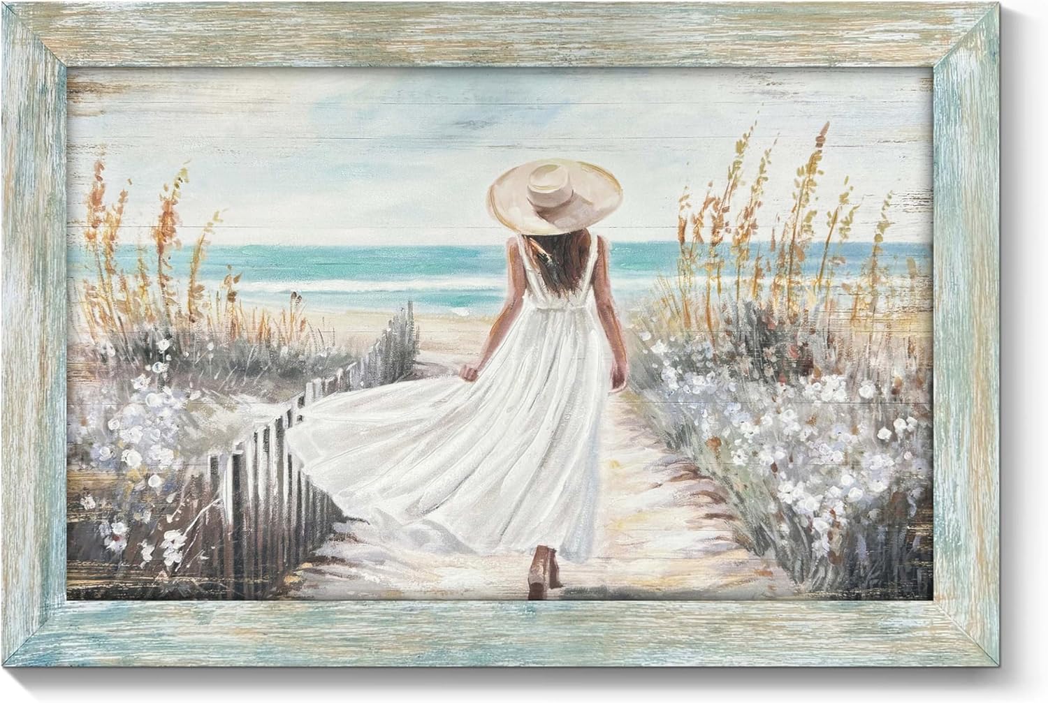 Framed Coastal Wall Art - White Dress Lady on Beach Path with Ocean Views for Living Room Bedroom Office - 24"x16"