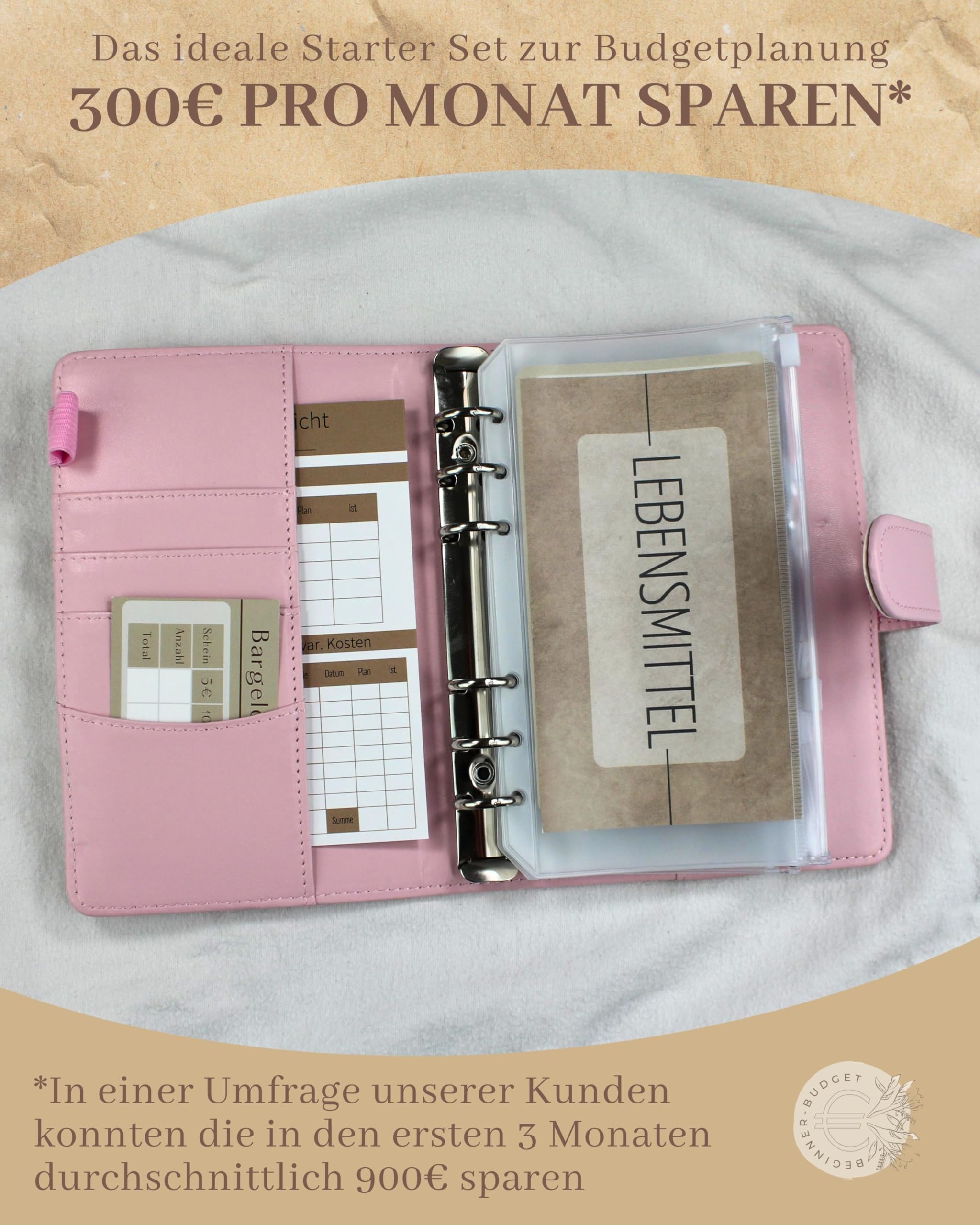 BeginnerBudget® Budget Planner Deutsch - Starterset mit Sparchallenge Budgetplaner - Sparen mit Umschlagmethode + Anleitung - Ringbuch - Binder A6 Glattleder-Style (Rosa)