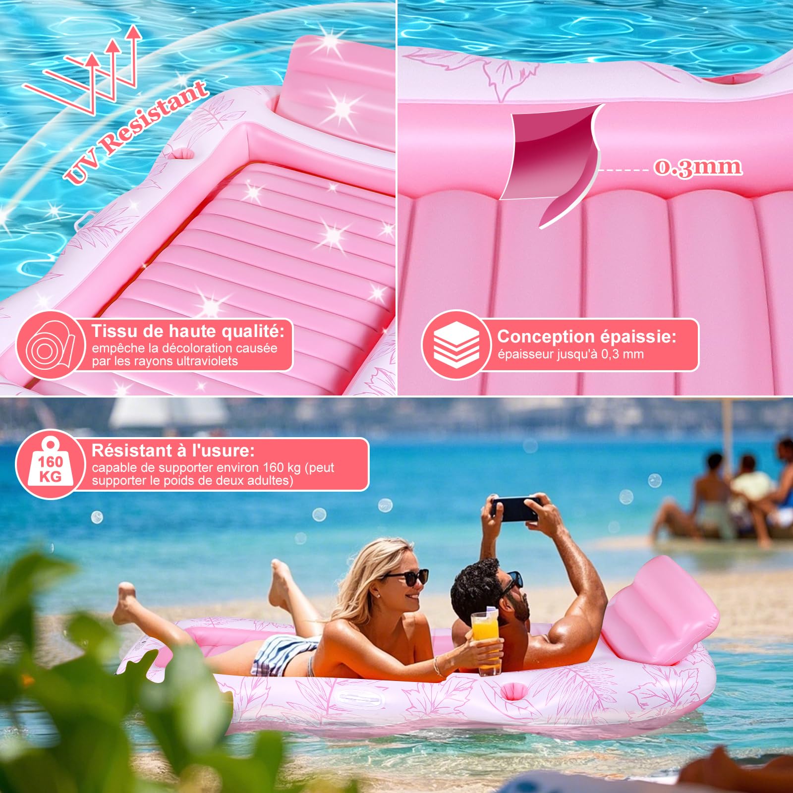 Charmofun Matelas Gonflable Piscine, Gonflable Tanning Pool Flotteur de Piscine pour Adultes pour Bain de Soleil, Piscine Gonflable Hamac avec Porte-gobelet, Piscine Bronzage pour Adultes (Rose)