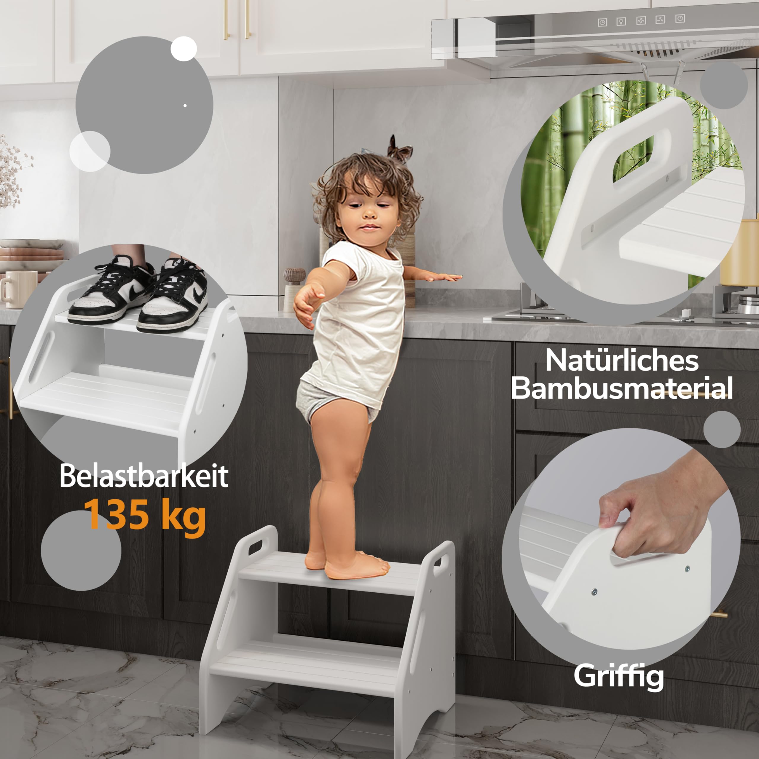 AMBIRD Bambus-Trittstuhl, Zwei-Schritte-Trittstuhl für Kleinkinder mit 136 kg Tragkraft, mit Sicherheits-Anti-Rutsch-Pads und Griffen, Trittstuhl für Bad, Küche, Toilettenhocker für Kinder (Weiß)