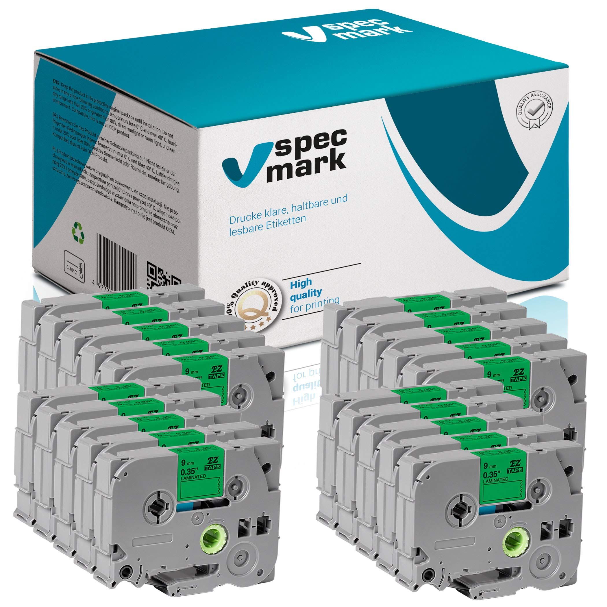 specmark Nastro TZe-721 9mm x 8m Set x 20 pezzi Nastro nero su verde compatibile con tutte le stampanti Brother PT P-touch AZe-721 EZe-721 TZ-721 TZ2-721