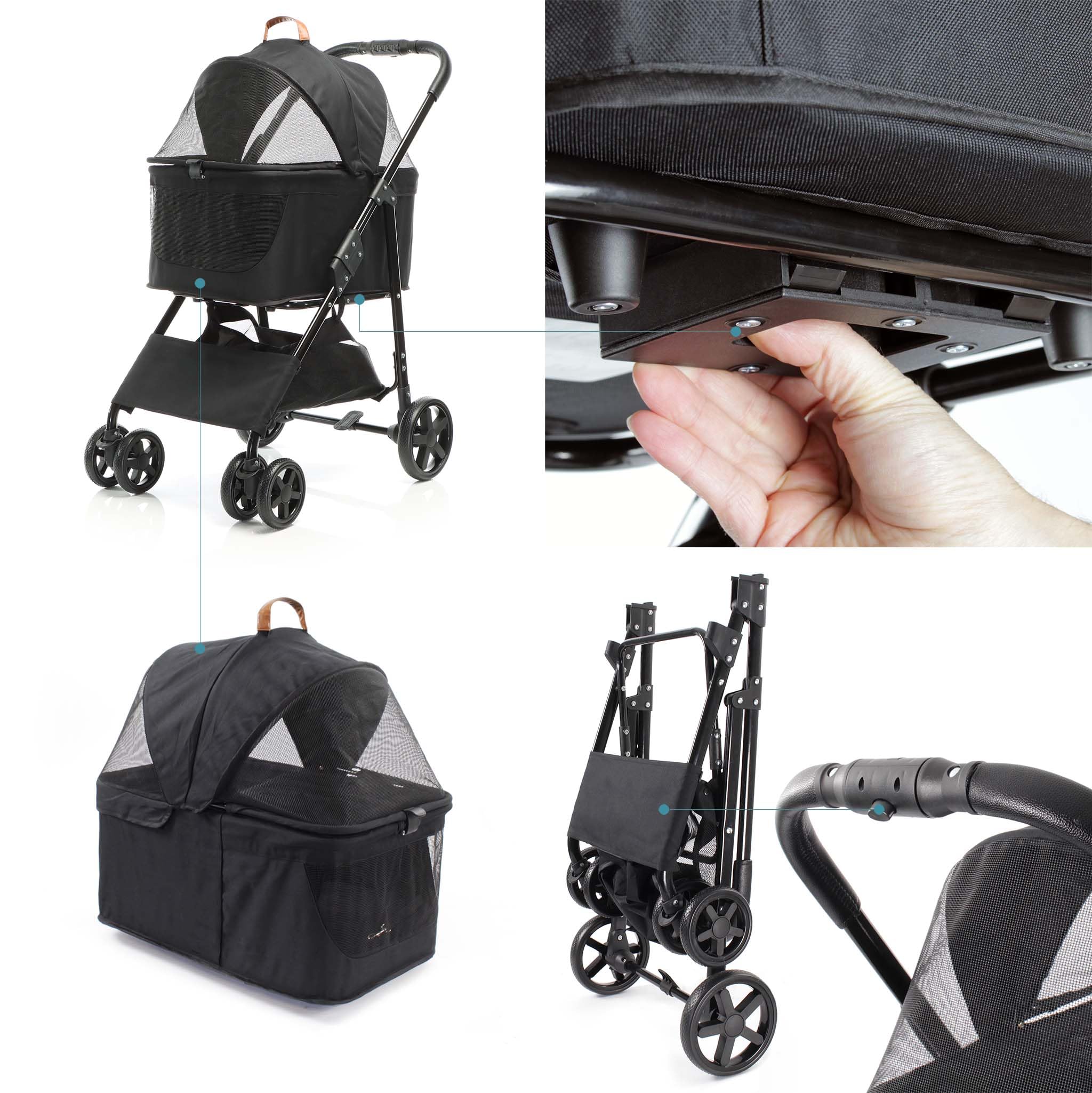 Fudajo 2in1 Hundebuggy zusammenklappbar in Schwarz, Hundewagen mit abnehmbarer Hundetragetasche, für kleine bis mittlere Hunde und Katzen