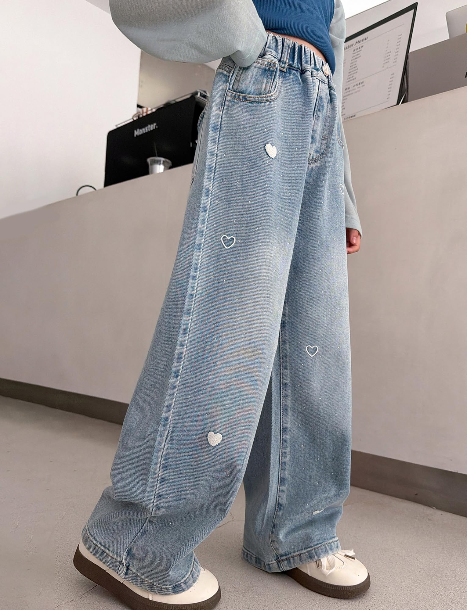 Happy Cherry Mädchen Jean Hosen Baggy Blau Denim Hose Kinder Hoher Elastischer Bund Jeans Weites Bein Casual Loose Straight Jeanshosen 120-170