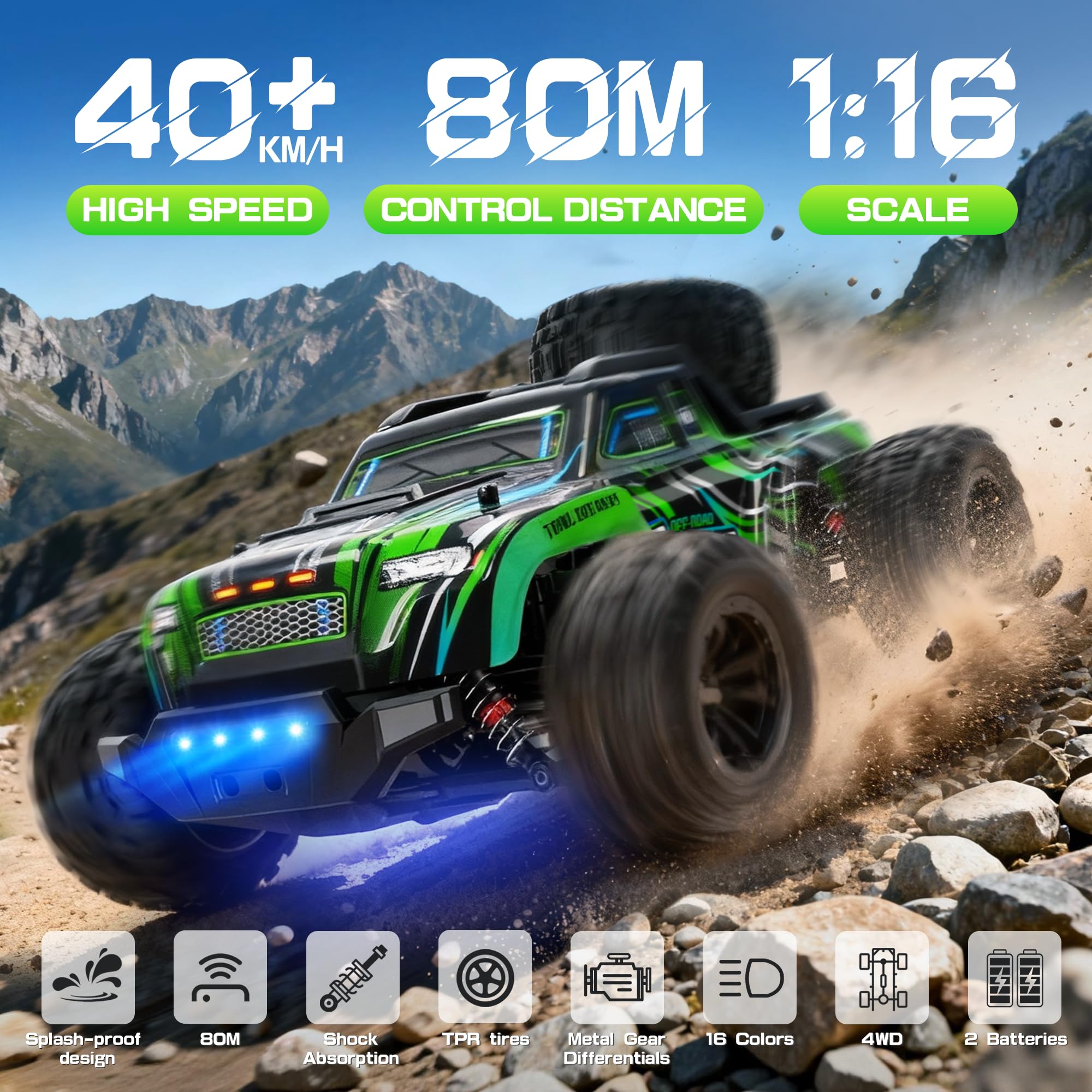 BAZADER Voiture Télécommandée Tout Terrain - 1:16 40Km/H Haute Vitesse | 4x4 RC Voiture Voiture Téléguidée 2,4 Ghz Avec Lumières Rvb Truck Radiocommandéé TéLécommandé Avec 2 Batteries Rechargeables