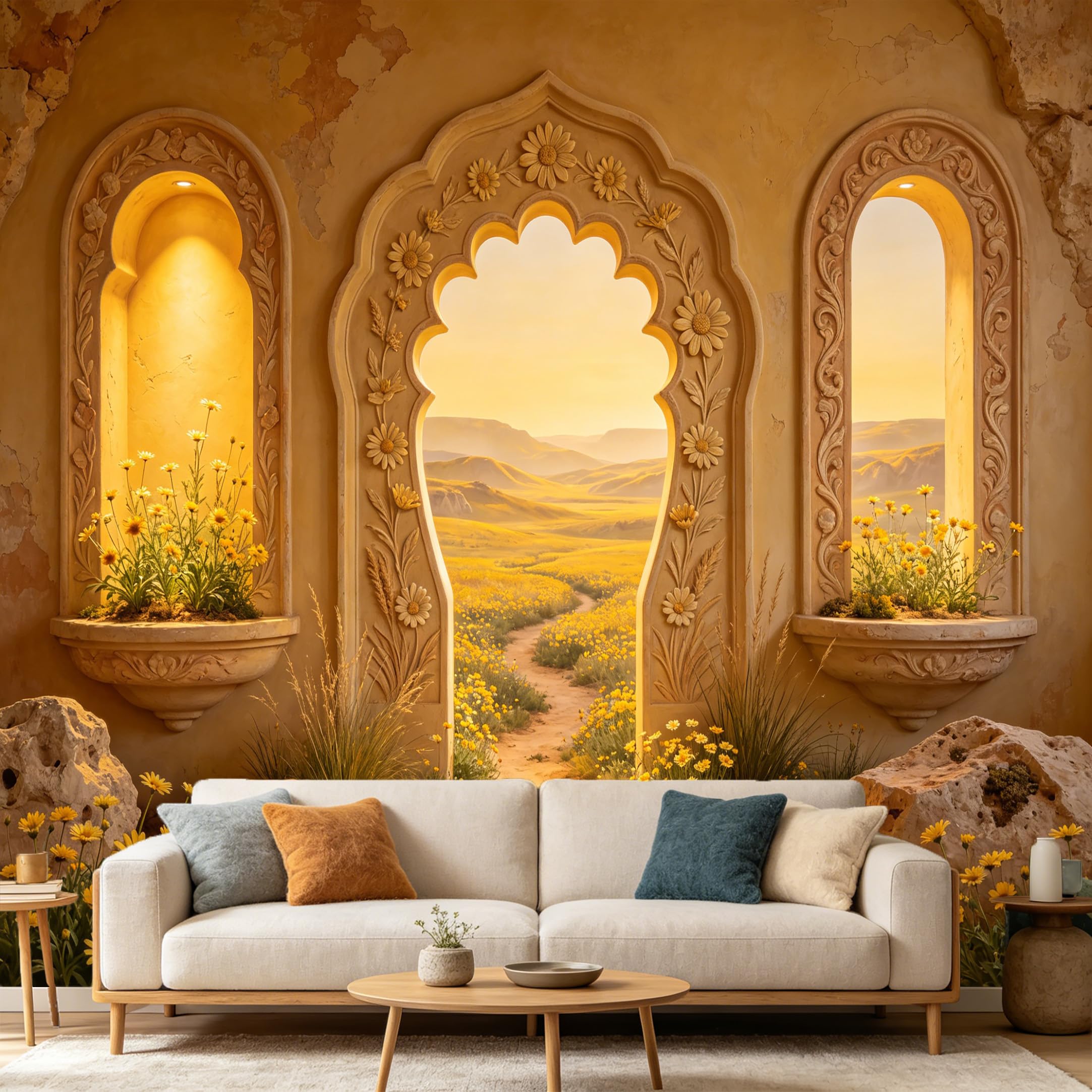 Custom Size Wall Mural， Mediterranean Stone Archway Sunset Meadow Floral Landscape 3D View， SelfAdhesive Art Prints wall Fabric Removable Large Wallpaper Home Living Room Decor