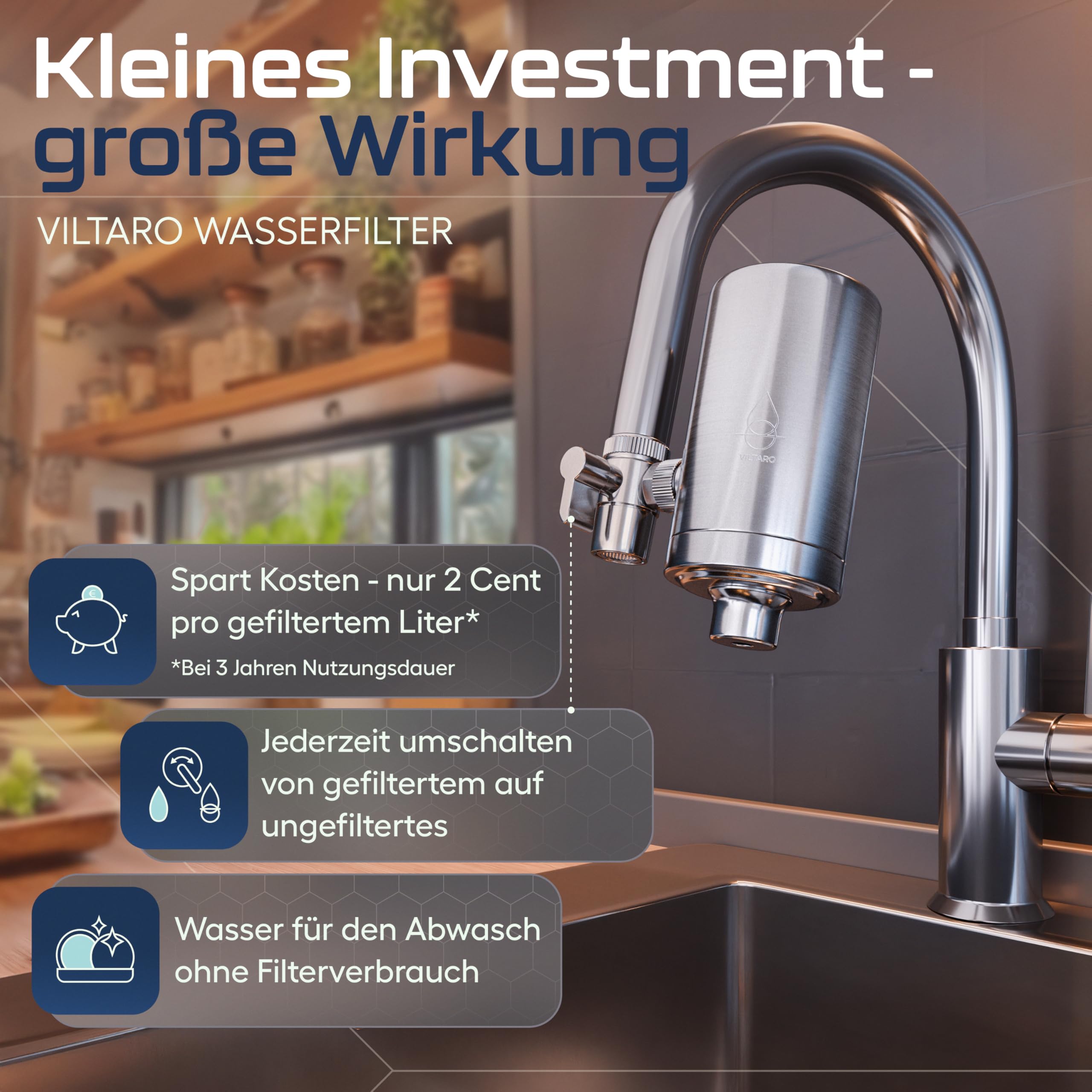 VILTARO® Wasserfilter Wasserhahn mit Kalkschutz – nur 2 Cent/Liter Trinkwasser, BPA-frei, Edelstahl, wassersparender Strahlregler, Aktivkohle | Filter Wasserhahn, Wasserhahnfilter für Trinkwasser