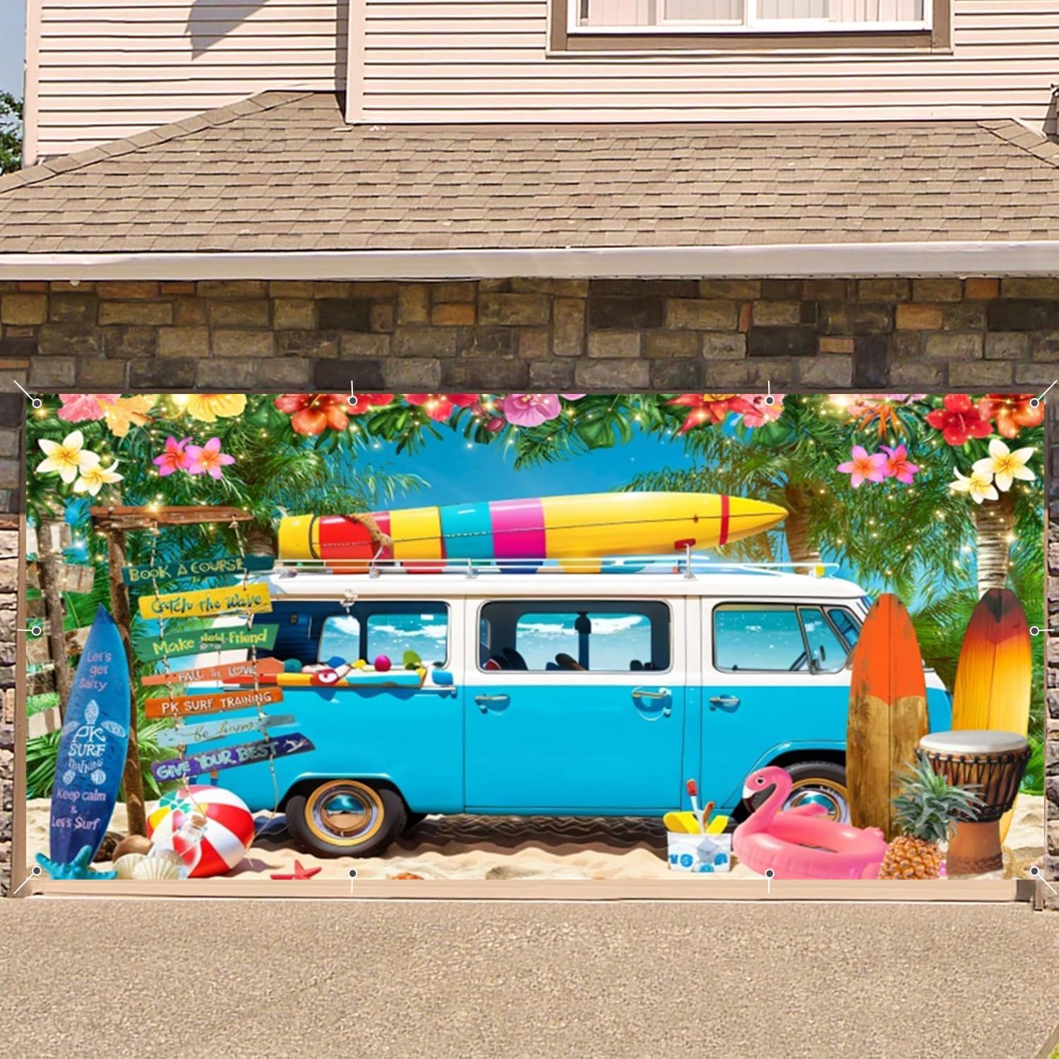 Hawaiian Beach Garage Door Cover Banner Decorations Backdrop 8x16ft Large Aloha Beach Blue Bus Flower Palm Backdrop Garage Door Decorations Birthday Party Vacation Outdoor Garage Door Banner Supplies
