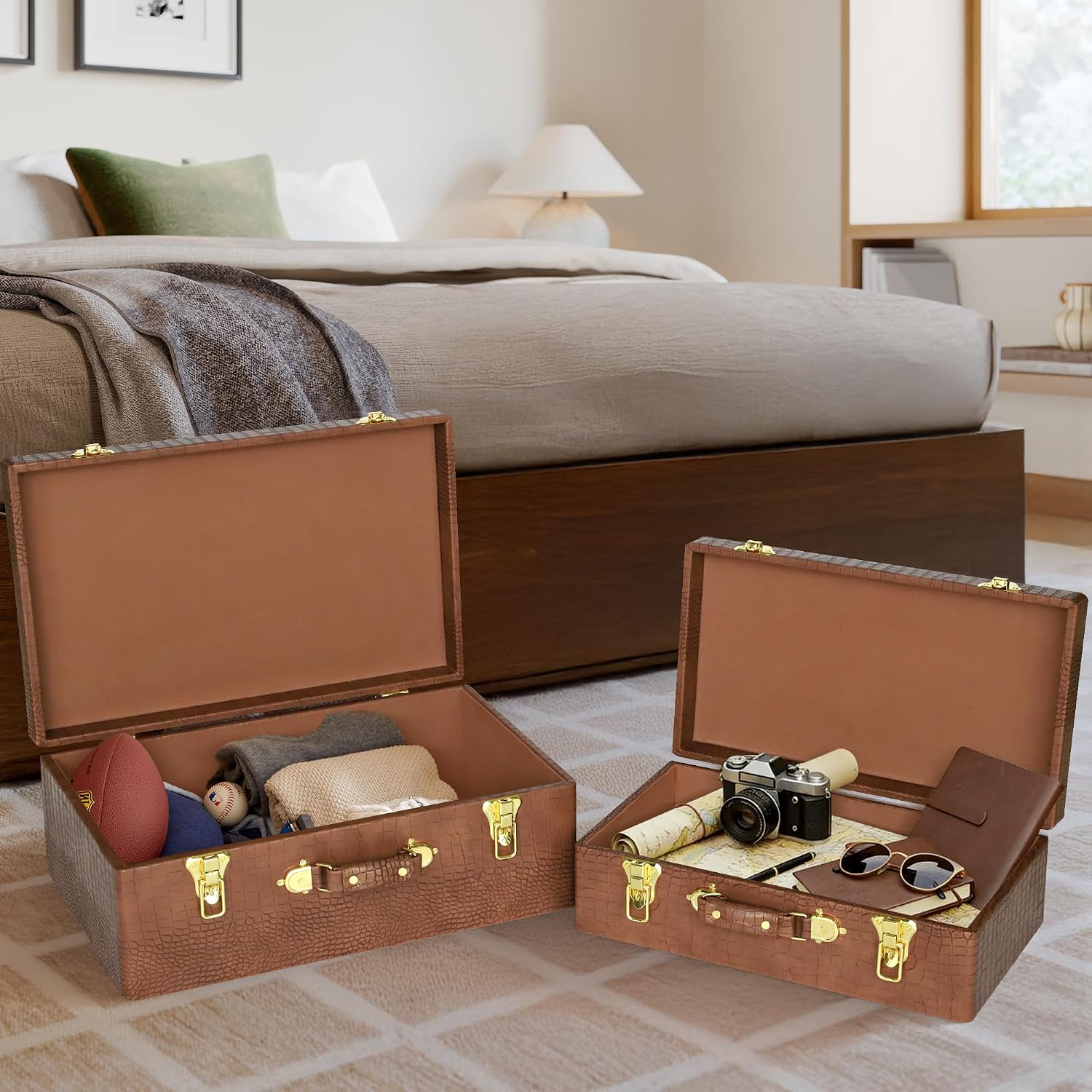 HofferRuffer Storage Trunks with Wood Frame, Set of 2 PU Leather Storage Chests with Handles, Nesting Decorative Boxes Organizer Hinged Lid with Gold Hardware Accents for Home Storage Decor (Brown)