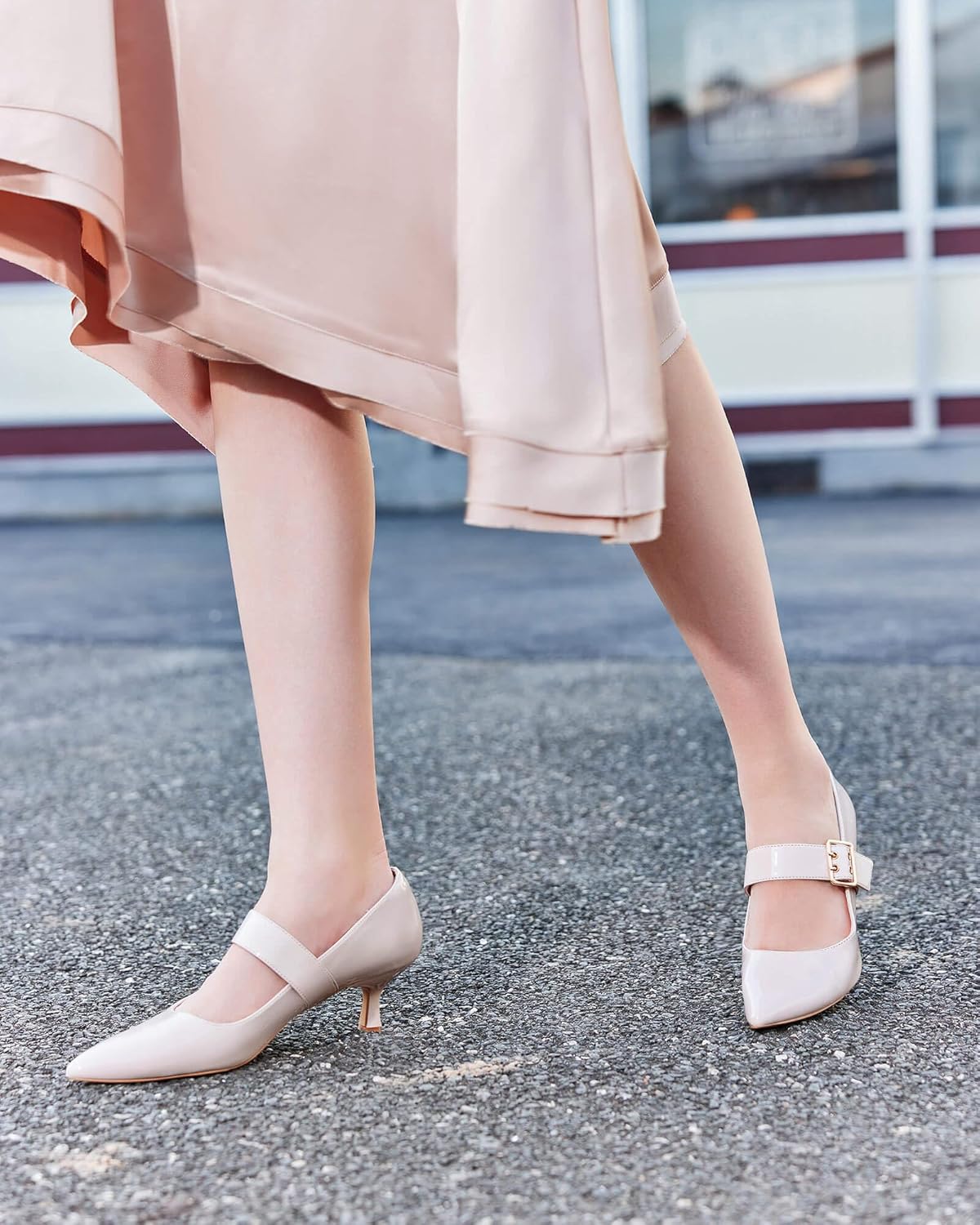 Coutgo Womens Kitten Heels Mary Jane Shoes Closed Pointed Toe Dress Shoes Buckle Work Office Pump Shoes