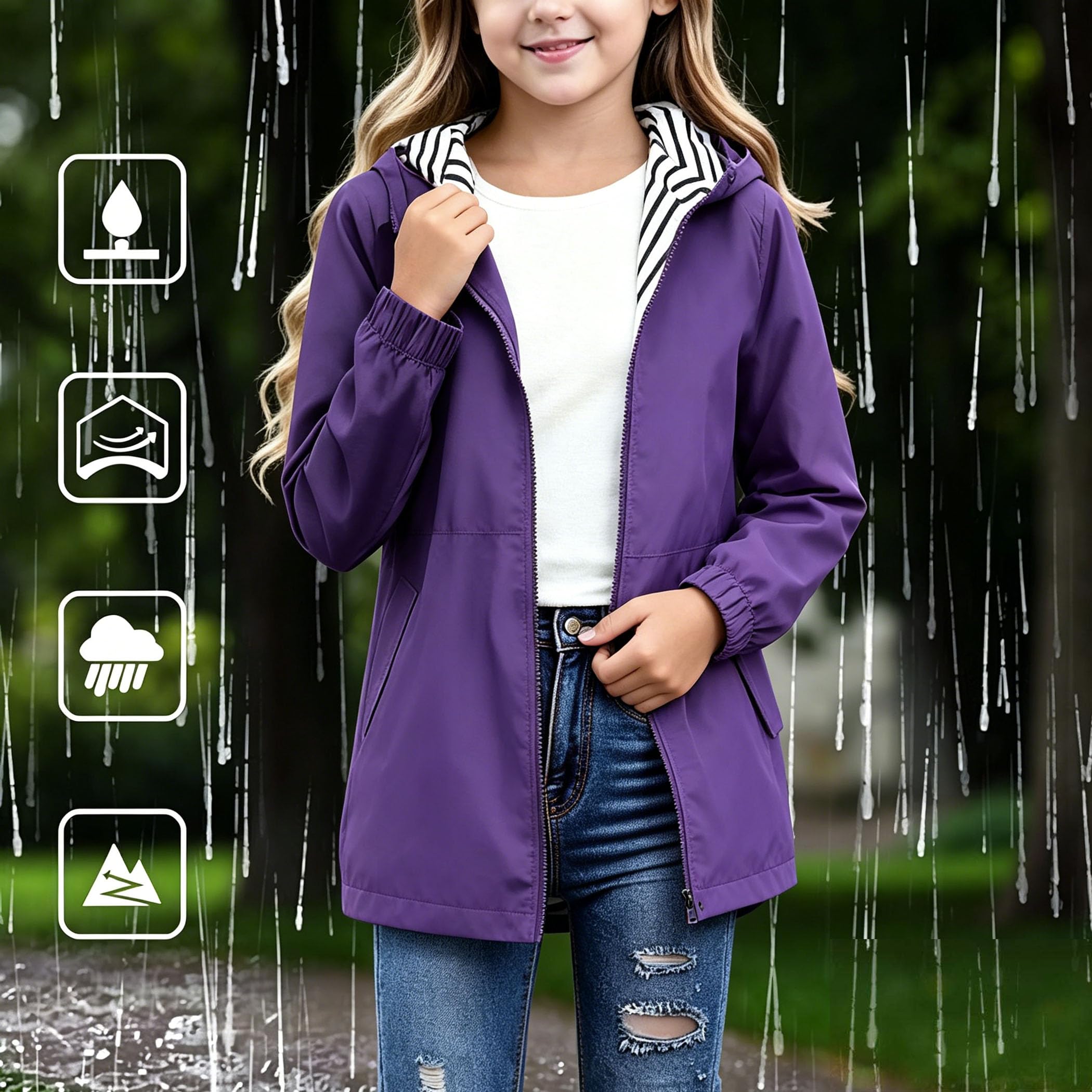 Veste Imperméable Enfant Polyester Doux Manteau de Pluie Léger Étanche Respirant Blouson Coupe-Vent Capuche avec Poches Pratiques École Quotidien Manteaux de Pluies Pour Garçons et Filles 5-15 Ans
