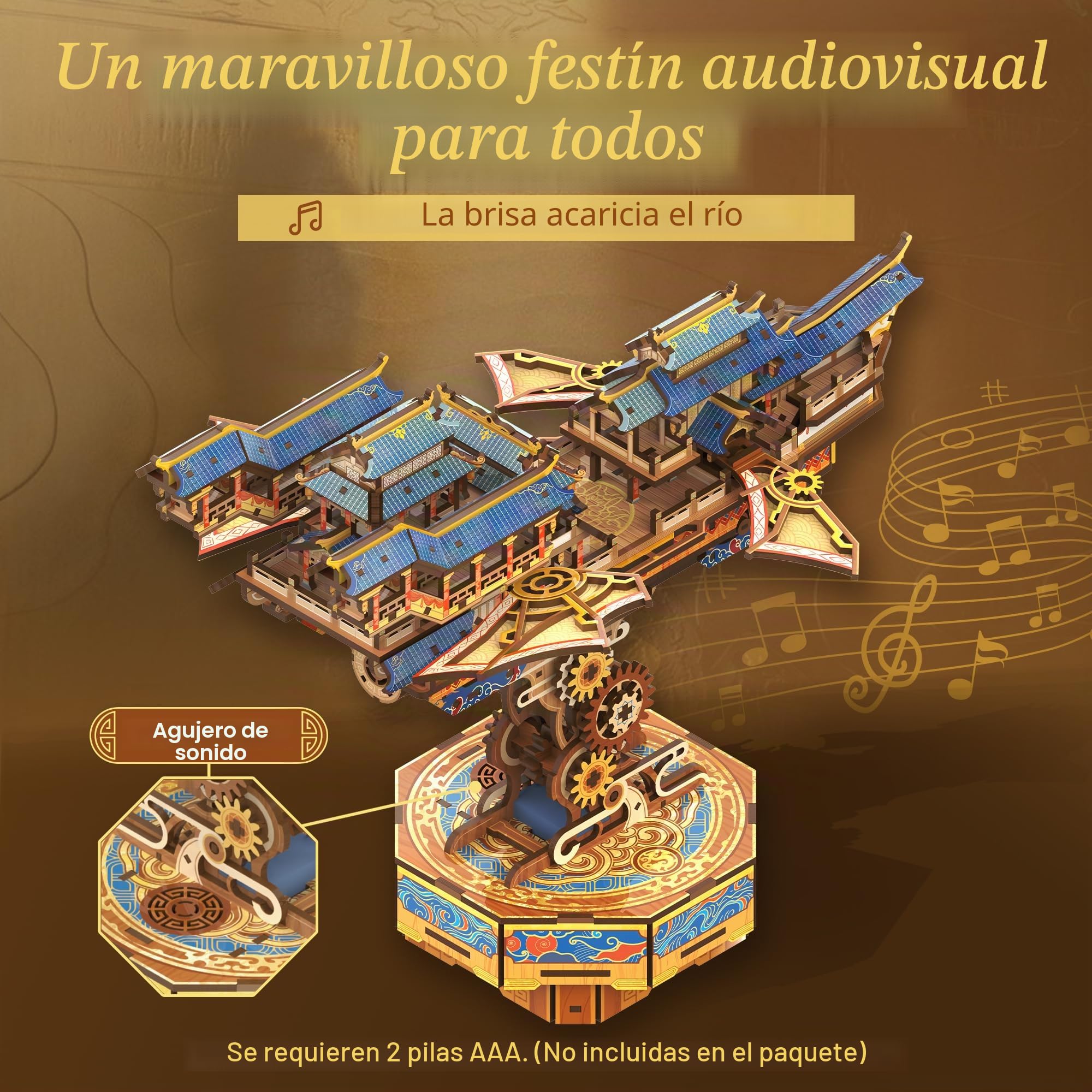 Tonecheer Puzzle de Madera 3D para Adultos, Kit de construcción de Barco de Madera con música, dirigible de fantasía y componentes móviles（Viajero del Viento）