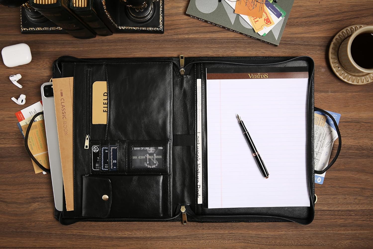 Genuine Leather Padfolio Organizer?Professional Business Leather Briefcase with Strap?14×10.5 inch Customized Leather Padfolio with Handle-Black Black Non-Custom