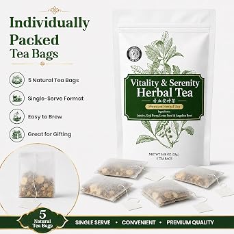 Herb Guru Calm Energy & Daily Balance Traditional Chinese Herbal Tea for Modern Wellness, Caffeine Free Tea with Jujube, Goji Berries, Lotus Seed & Angelica Root, Vitality & Serenity, 5 Tea Bags