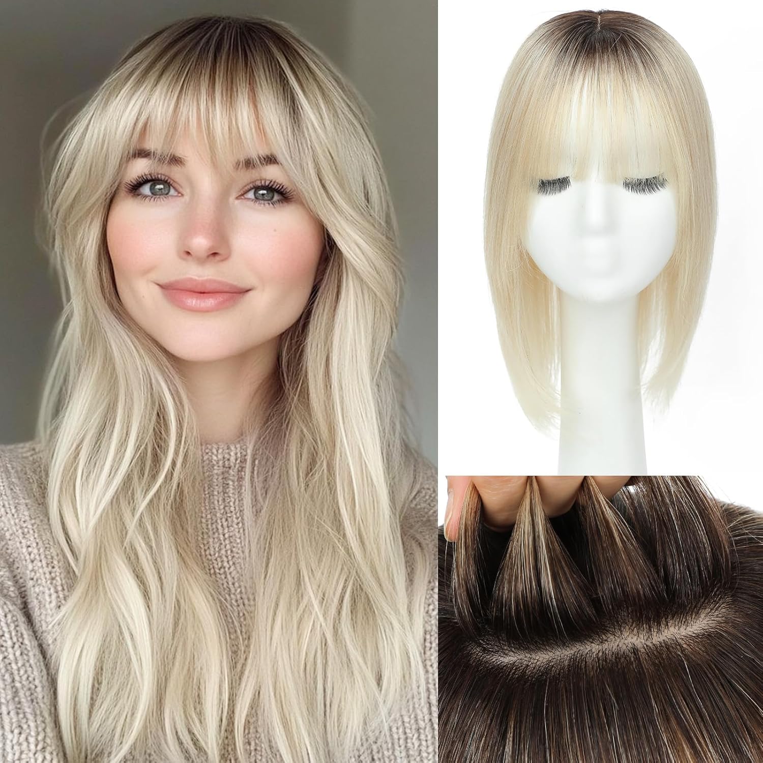 Real Human Hair Toppers for Women – 8x8inch with Bangs, 16inch Skin Scalp Big Base Cover for Thinning Hair or Hair Loss