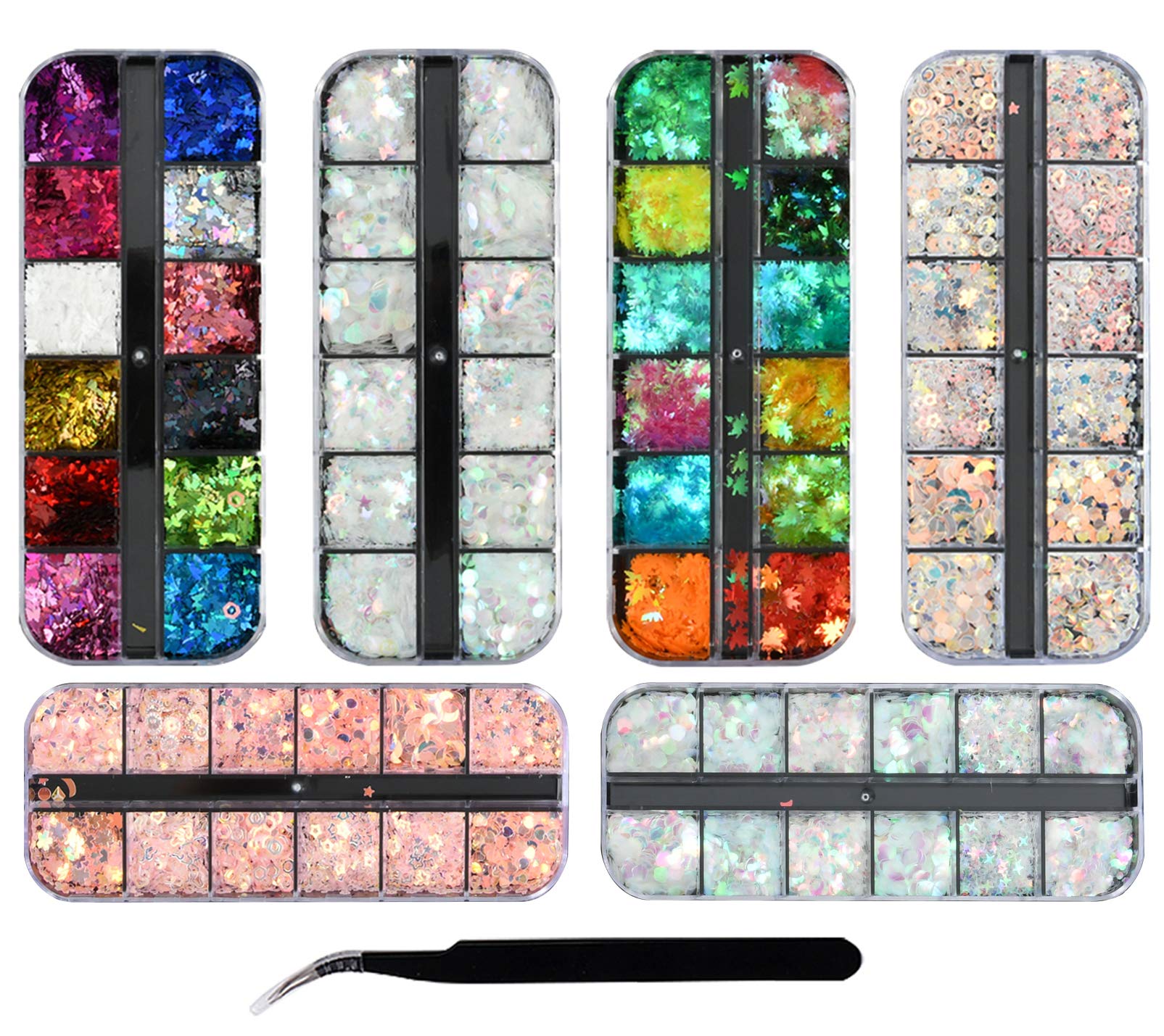 Ranvi 3500 Pieces of Nail Art Sequins Rhinestones Set Nail Polish, Multicolor Nail Sequins Rhinestones, for Nail Decoration Supplies (6 Boxes, 1 Tweezers) Style 1