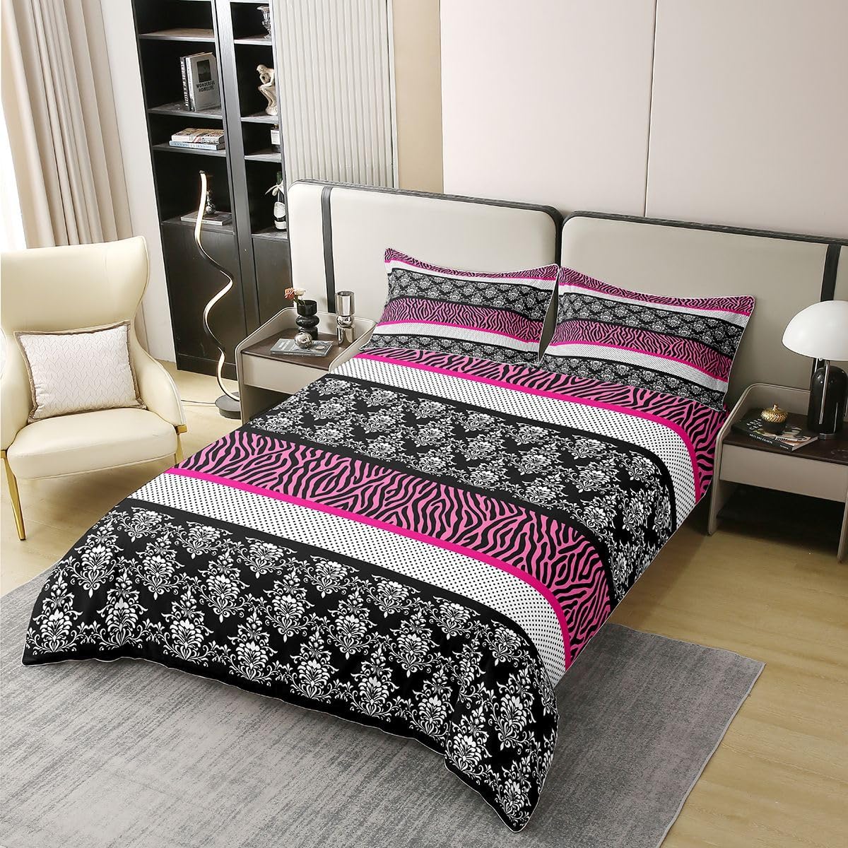 Feelyou Polka Dot with Zebra Print Duvet Cover 100% Cotton Twin Size Pink Black White Zebra Bedding Set Girls Wild Animal Skin Texture Comforter Cover Bedroom Decor 2Pcs No Comforter 1 Pillowcase