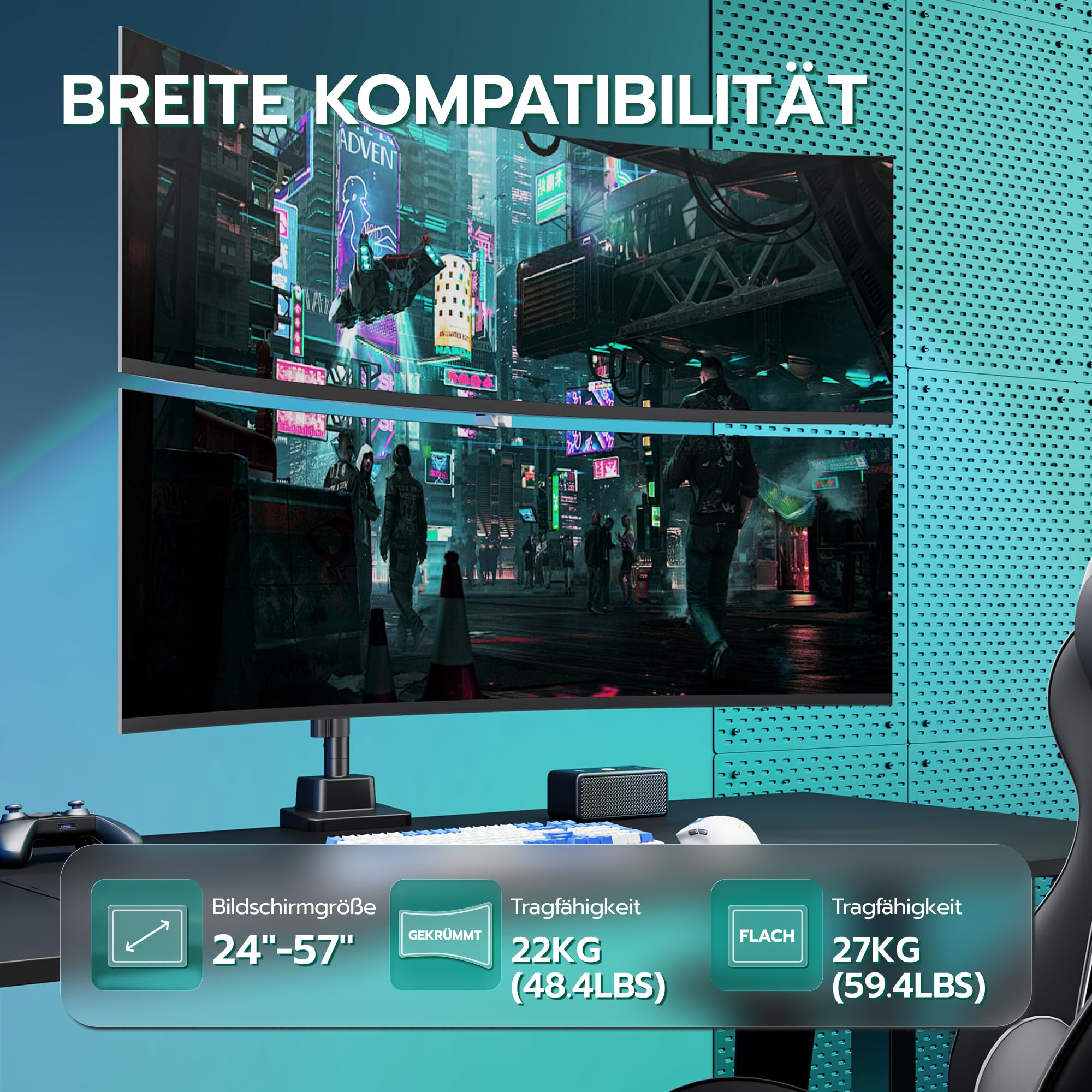 ARES WING Monitor Halterung 2 Monitore mit Stange, Schwarz | übereinander für 24-57 Zoll Bildschirme, bis zu 27/22 kg, Bildschirmhalterung 2 Monitore Höhenverstellbar, VESA 75/100/200