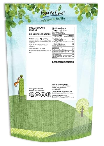 Vista 2 de Food to Live Lentejas negras orgánicas, 5 libras, sin OMG, legumbres secas enteras, crudas, germinables, kosher, veganas, legumbres a granel, Daal