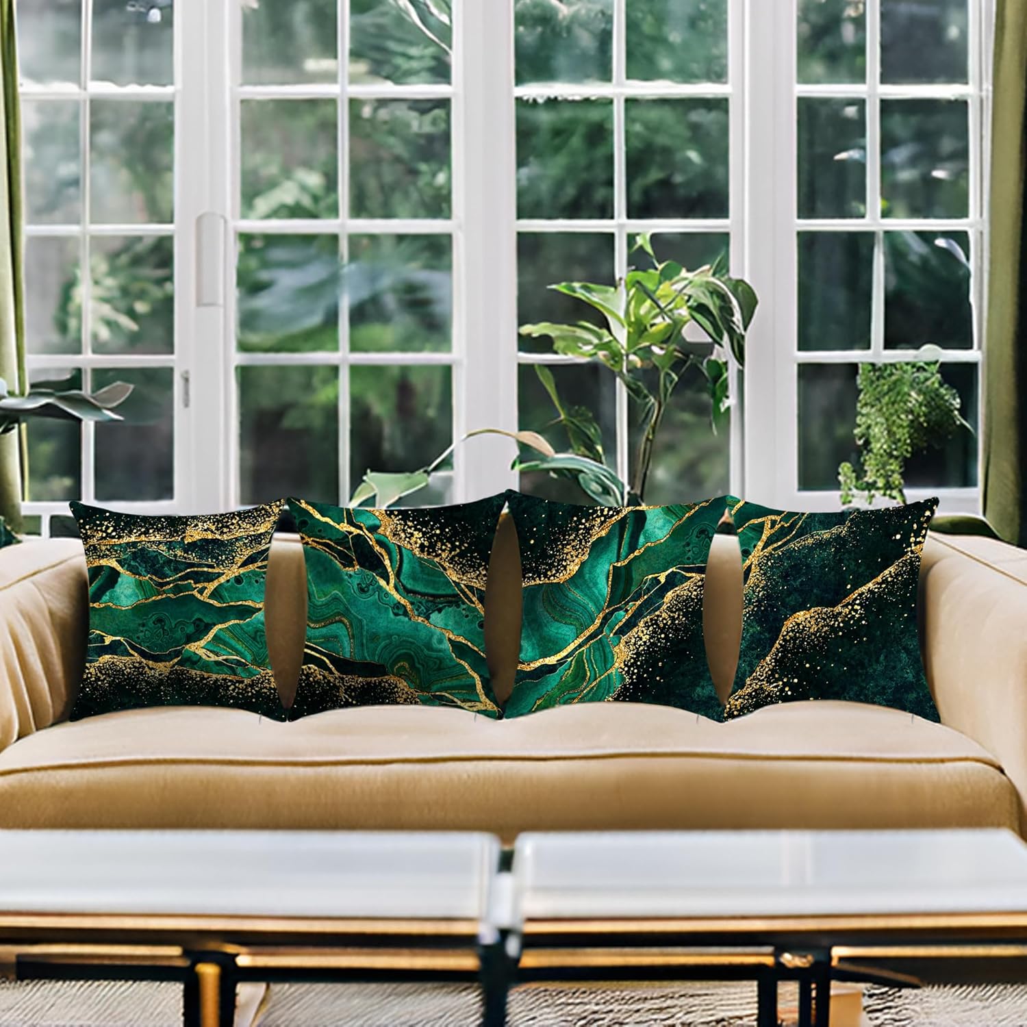 Green Throw Pillow Covers 18 x 18 lnch Decorative Pillow Covers Set of 4 Emerald Green and Gold Living Room Decor for Home Decor Room Bed Sofa Couch Pillows Pillowcases - Image 3