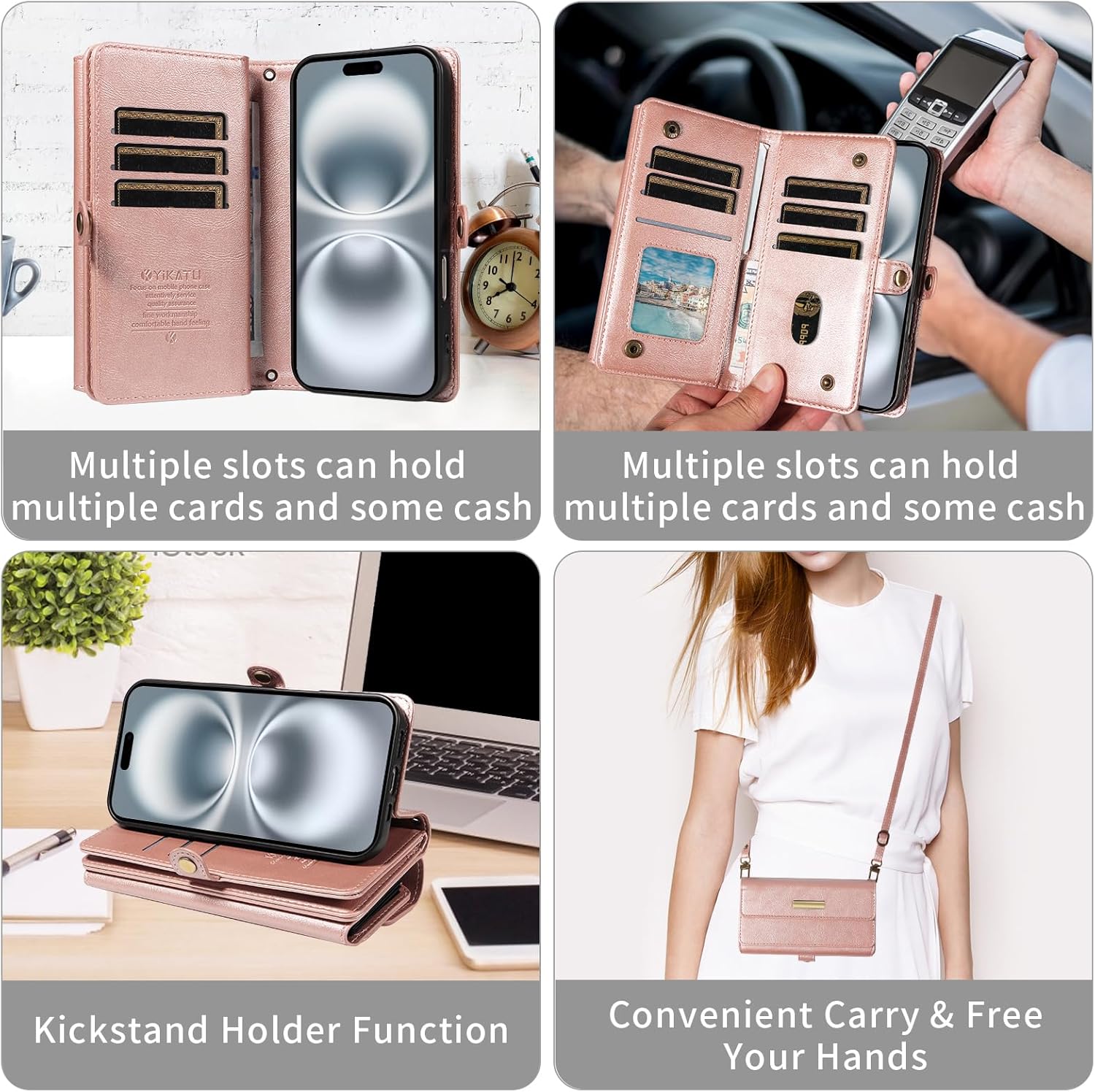 Caseurban Wallet Case Compatible with iPhone 15 Pro Max PU Leather Shoulder Strap Detachable Case RFID Blocking Card Holder Slots Kickstand Shockproof Protective Phone Cover for Women Men Rose Gold