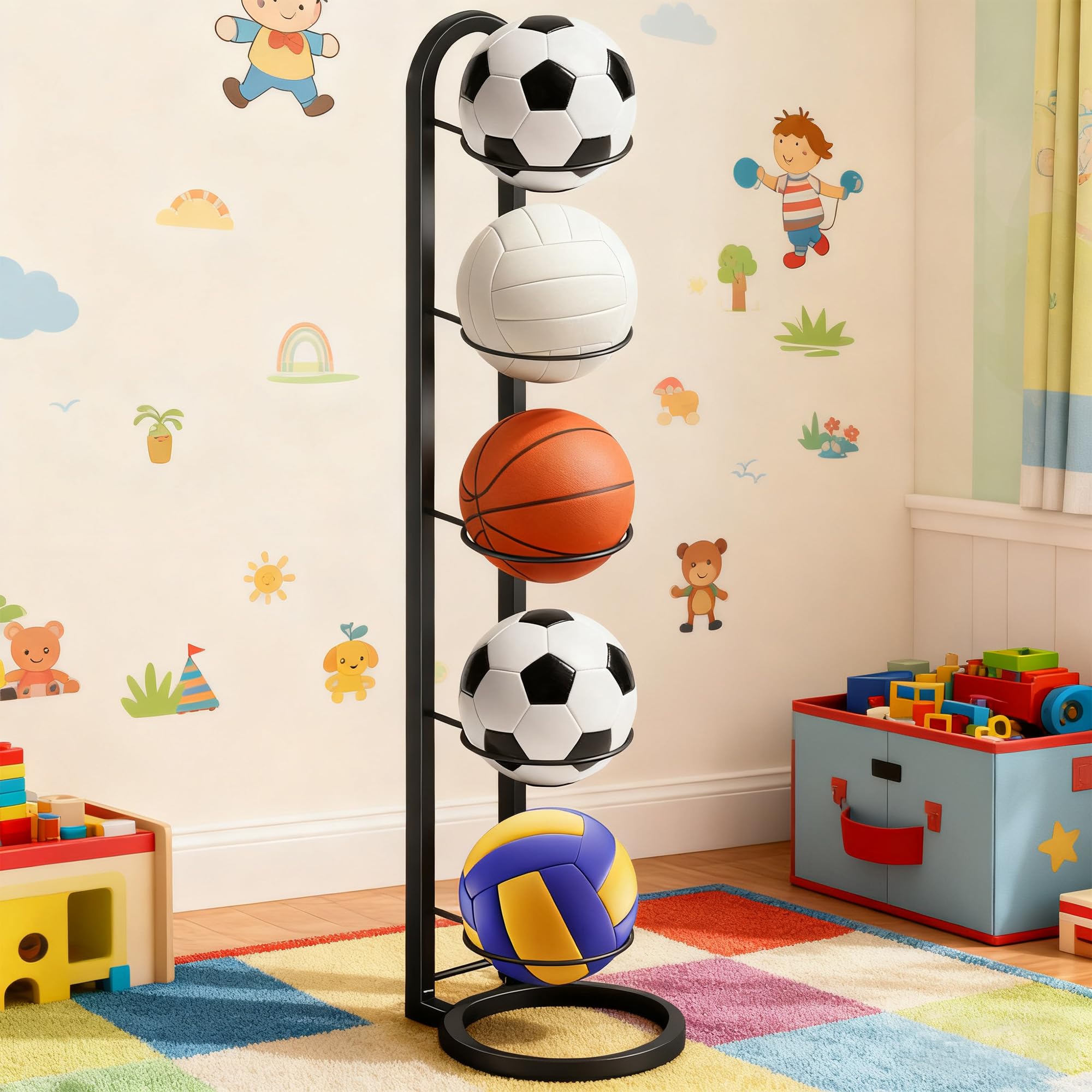 Support de Rangement pour Ballon à 5 Niveaux, Support Ballon Basket en Métal, Rangement pour Balles de Garage, Adapté au Basket-Ball, au Volley-Ball et au Football (Blanc)