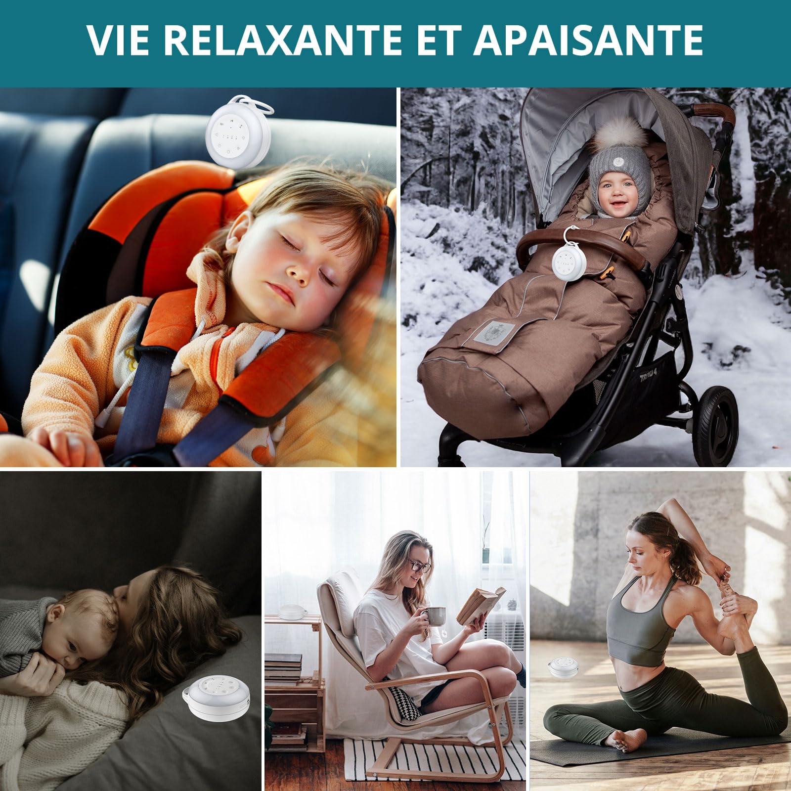 Machine à Bruit Blanc Portable pour Bébé, 24 Sons Apaisants, Veilleuse Réglable, Batterie Rechargeable 2000mAh, Minuterie 30/60/90 min, Fonction Mémoire, Machine Sommeil pour Chambre, Voyage