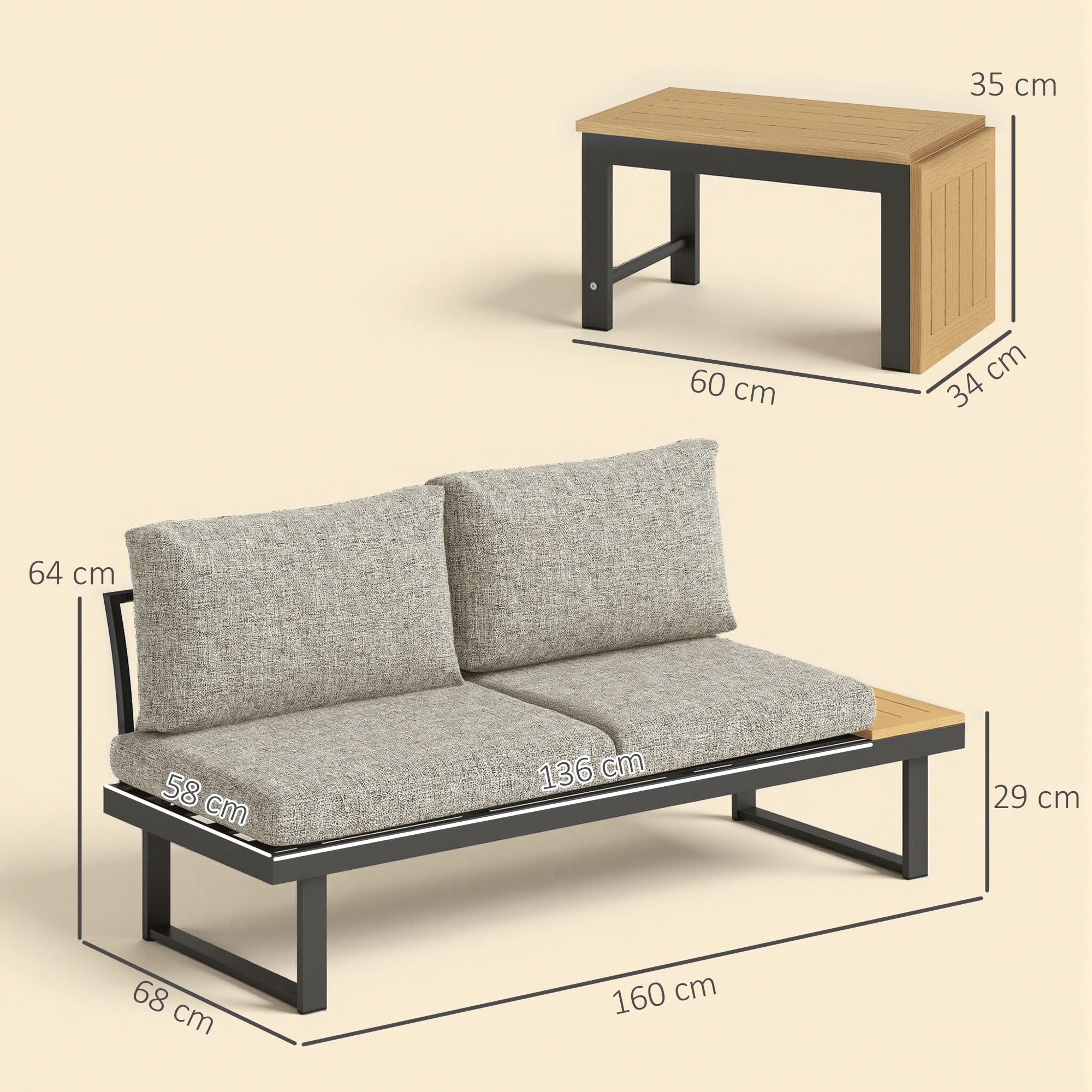Outsunny Conjunto de Jardín Exterior de 3 Piezas Gris Claro | Sofá Exterior Seccional Resistente con Estructura de Aluminio, 2 Sofás de 2 Plazas, Mesa de Centro Versátil, Cojines