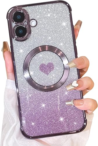 Miniatura 7 de Bonoma Purpurina magnética para iPhone 15 Pro Max compatible con MagSafe , funda transparente de lujo con diseño de corazón de amor, protección de