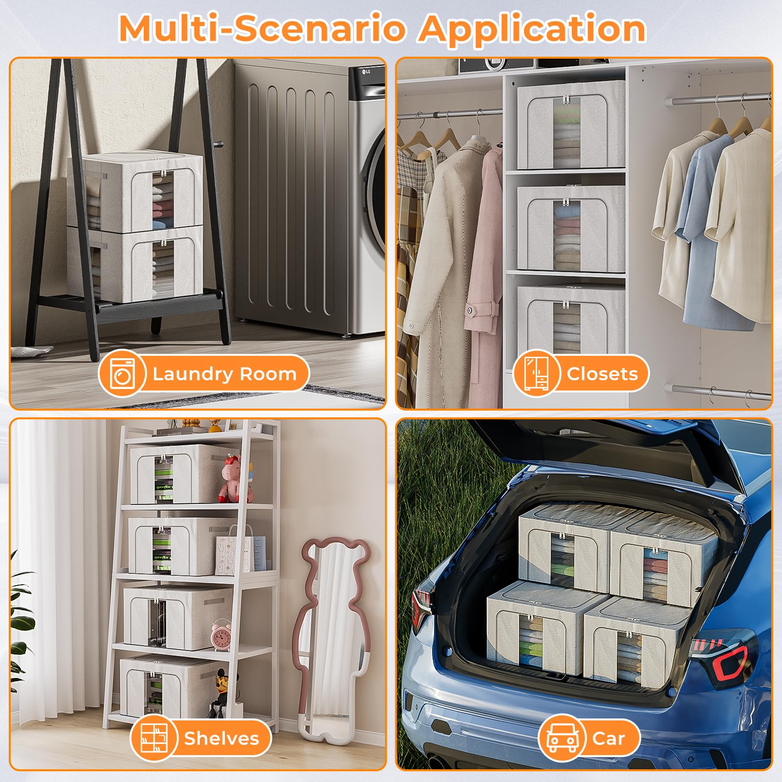 3 Pezzi 66L Scatole Per Armadio Rigide Con Struttura In Metallo, Pieghevole Contenitori Per Armadio Salvaspazio Con Cerniera, Organizer Armadio Per Asciugamani, Piumini, Coperte Grigio 3x66L