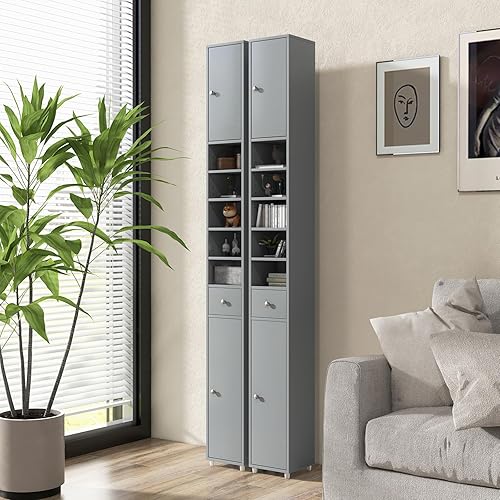 Miniatura 8 de GOFLAME Armario de almacenamiento estrecho de 71 pulgadas de alto, armario de baño con 1 cajón, 2 puertas y 5 estantes abiertos, gabinete de