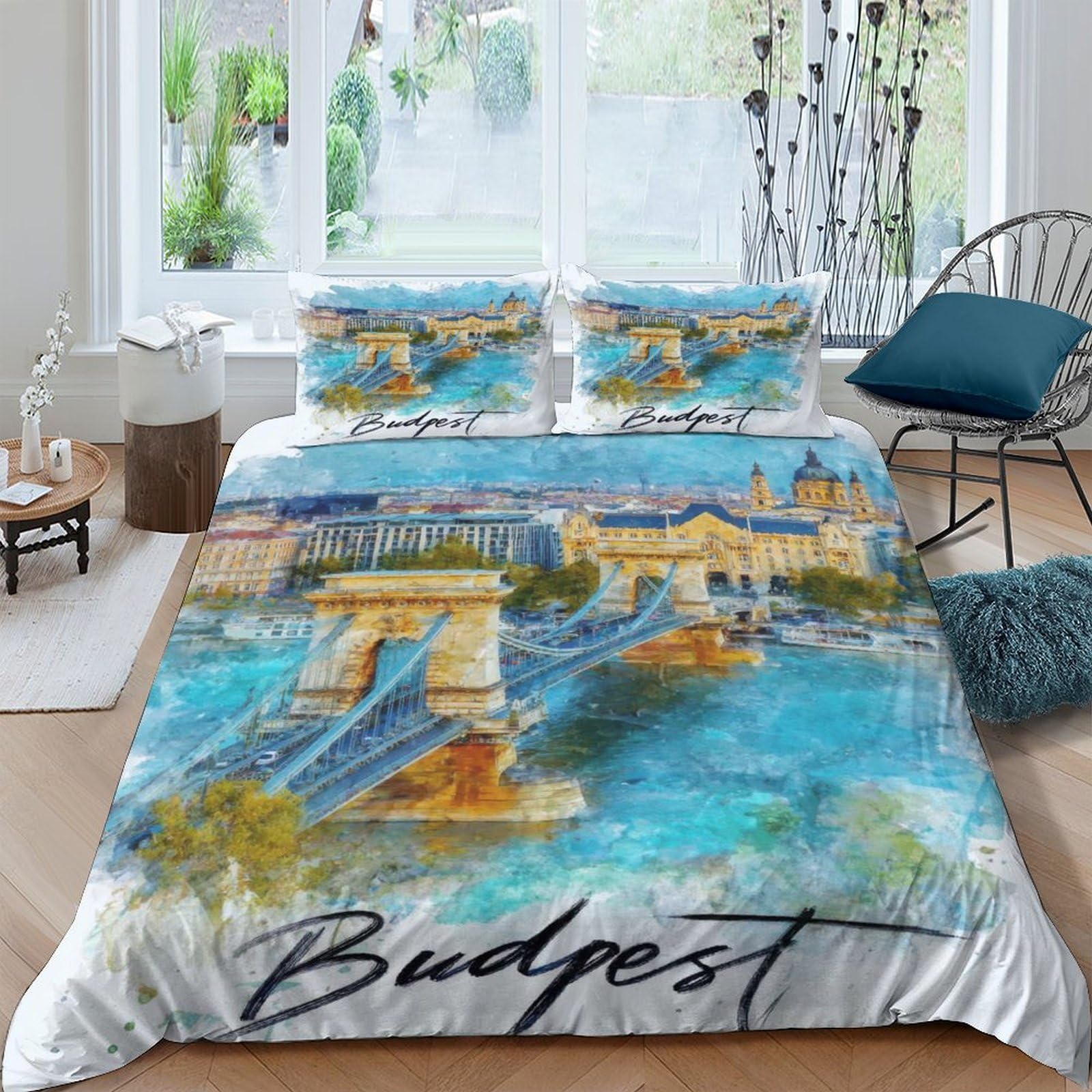Ctjqhvkz Style-2 3D Printed Budapest Bridge Fitted Sheet Microfiber Blue Watercolor Cityscape Mattress Cover For Bedroom Dorm Decor Single（135X200cm）
