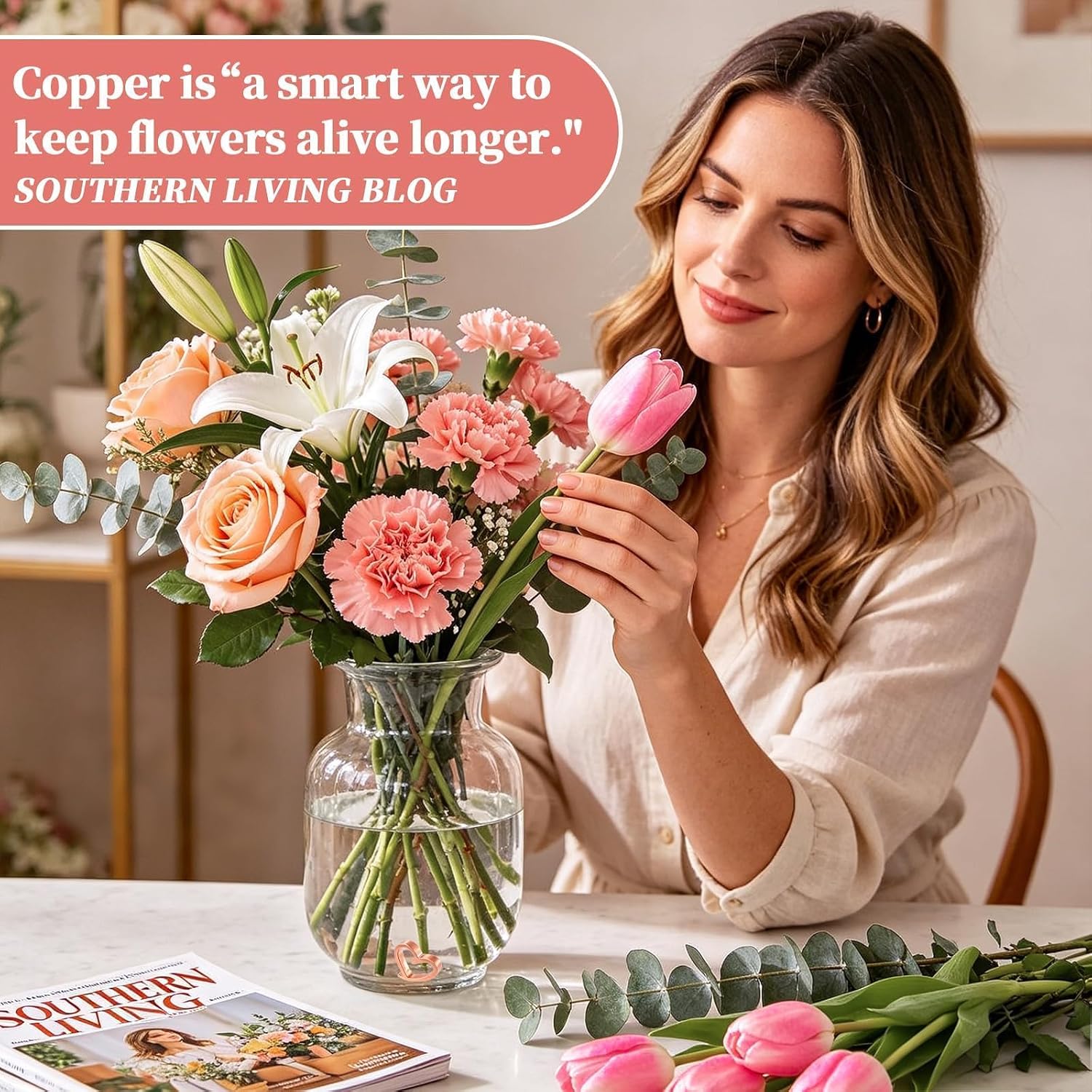 Fresh Cut Flower Food Copper Heart – Boost Flower Food Packet & Keep Water Clean for Longer Life, 99.99% Copper, Eco Friendly, Reusable Vase Accessory for All Fresh Cut Flower Varieties (1-Pack)