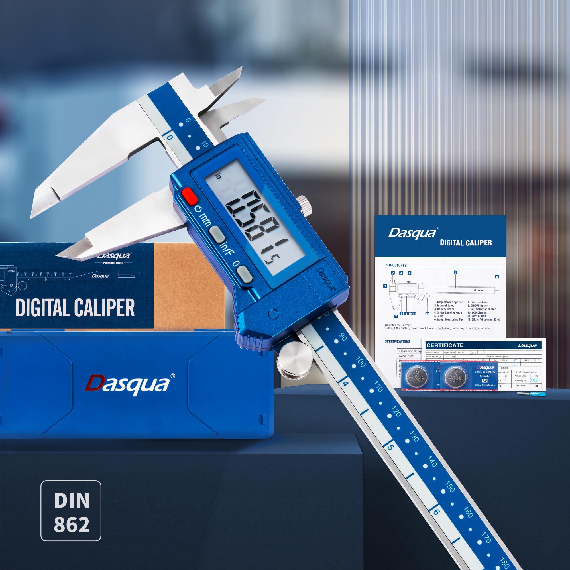 Dasqua Calibrador digital de 8 pulgadas, calibre resistente al agua de acero inoxidable IP54 con pantalla LCD grande y caja de almacenamiento, fácil cambio entre pulgadas/métrico/fracción, precisión