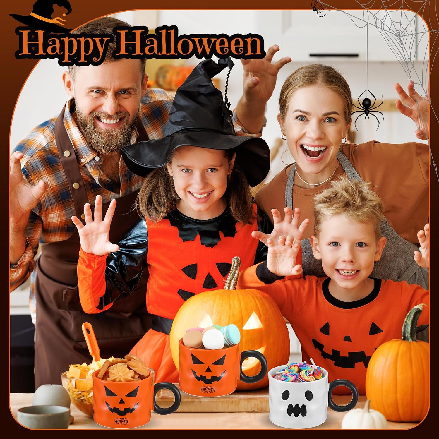 Zhehao 4 Piece 15oz Halloween Coffee Mugs Set with Handle Halloween Ceramic Matching Mugs for Home Office Table Centerpieces Housewarming Holiday Party Gift(Cute Style)