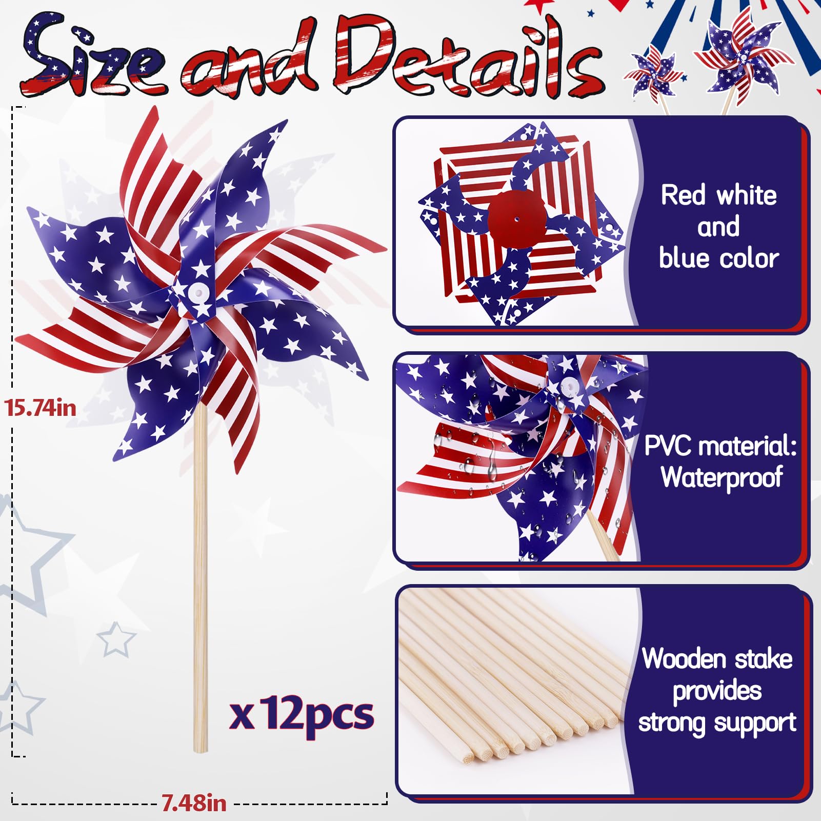 12 Pack 4th of July Decorations Outdoor Pinwheels, Patriotic Decor Red White and Blue Decorations Wind Spinner for Yard Garden,Independence Day, Memorial Day, Veteran's Day