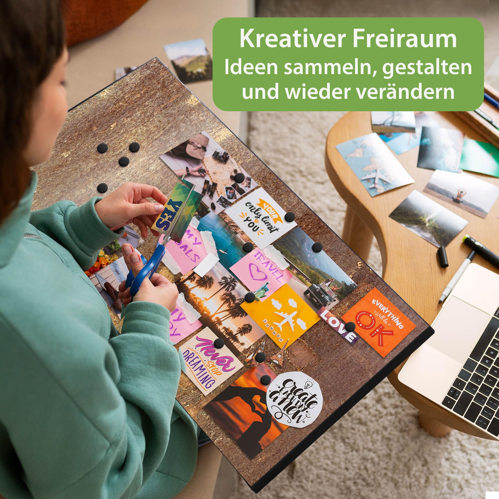 banjado Magnettafel Metall 78 x 37cm - beschreibbare Magnettafel - Metall Pinnwand als Memoboard - Magnetwand Küche, Büro, Kinderzimmer Schwarz inkl. 4 Magnete & Montageset - Motiv Rostige Patina