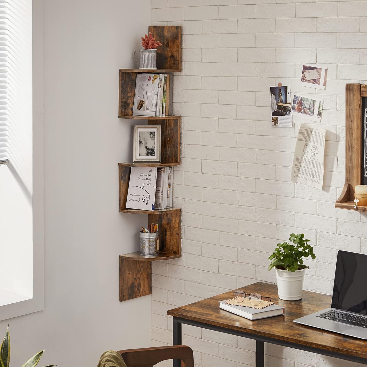Rustic brown corner shelf installed in an office