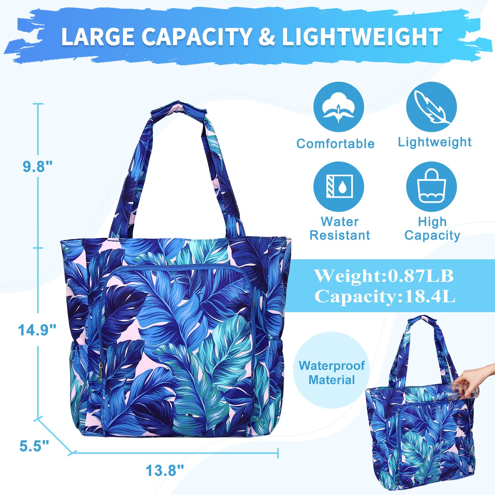 Chase Chic Bolsa de Playa Grande Familiar para Mujer con Cremallera, Impermeable, 8 Bolsillos - Bolso Tote Plegable para Playa, Piscina, Viaje, Gimnasio Hoja de Plátano Azul