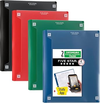 Five Star 2-Pocket Folder + Study App, 4 Pack, Plastic Folder with Prong Fasteners and Customizable Clear Cover, Holds 8-1/2" x 11" Paper, Assorted Classic Colors 340220A-ECM