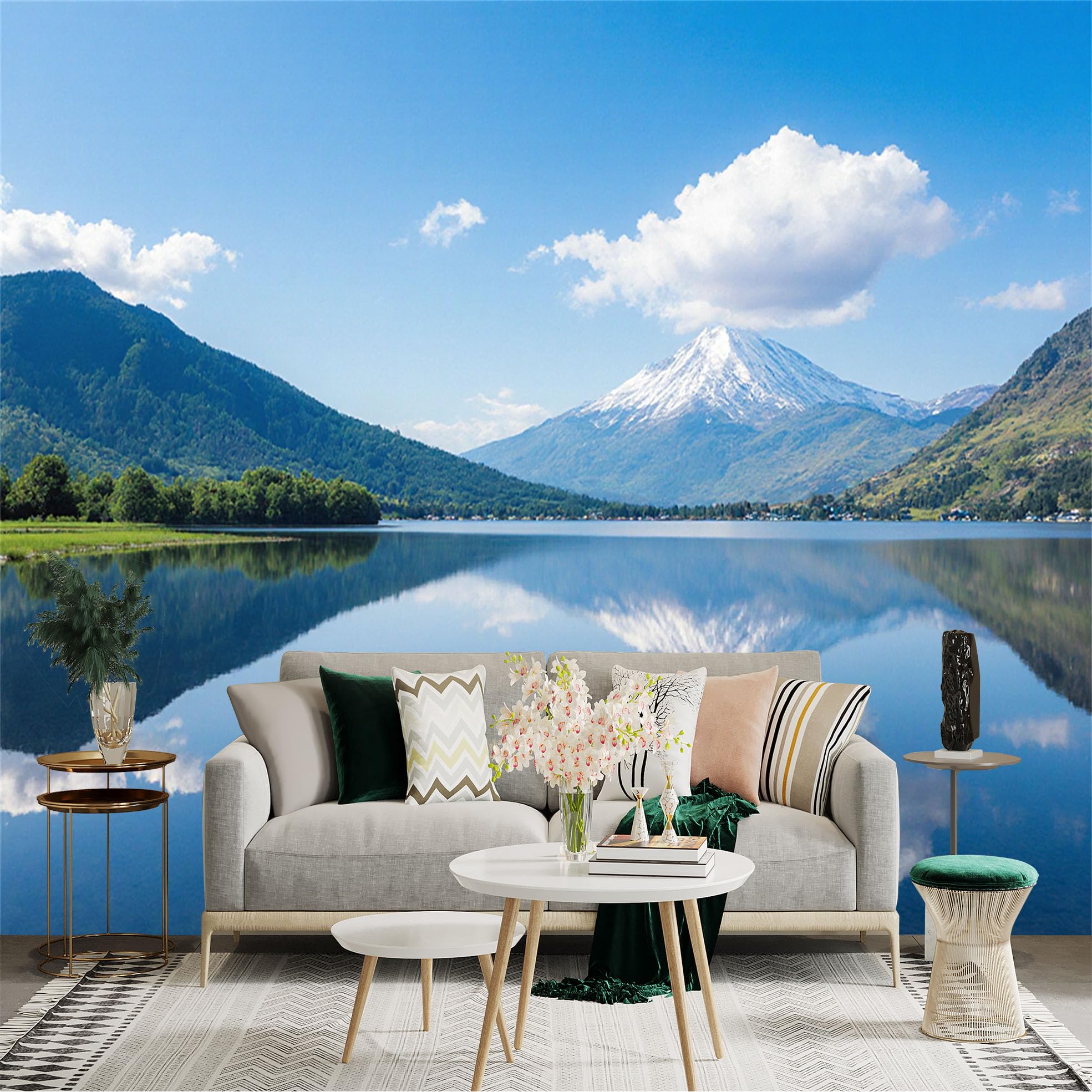 Custom Size Wall Sticker Mural， Snow Capped Peak with Clear Lake， Reflection of Mountains in Calm Water， Blue Sky with Fluffy Clouds， for wall Decoration， peelandstick wall Decals.
