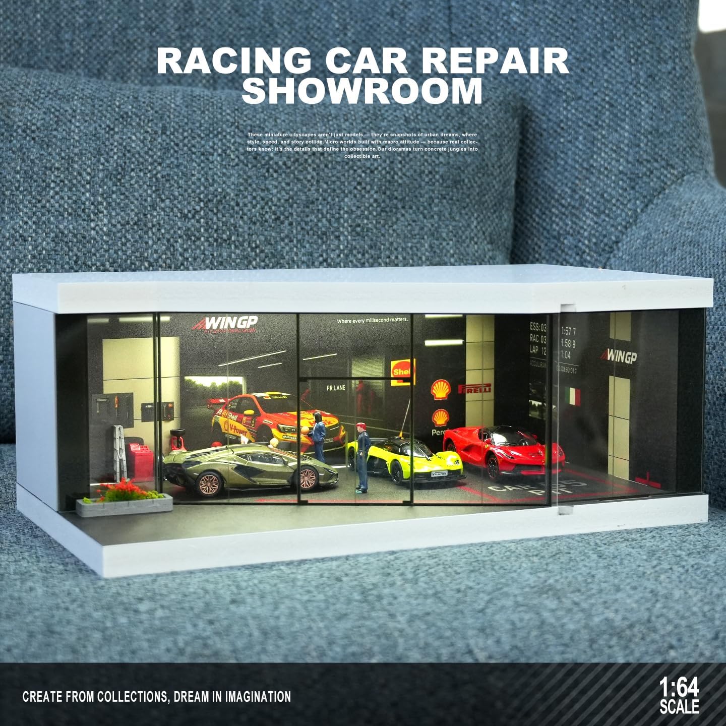 1:64 Scale Die-Cast Car Display Stand. Suitable for Hot Wheels, Matchbox, and Similar die-cast car Models. Setting and Lighting: Parking Lot (Racing Pit Stop Exhibition Hall)