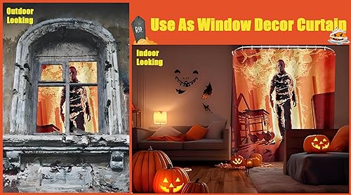 Miniatura 4 de Cortina de ducha de decoración de Halloween para Michael Myers Walking through Flame, 72 x 72 pulgadas con 10 ganchos de plástico, incluye adhesivo
