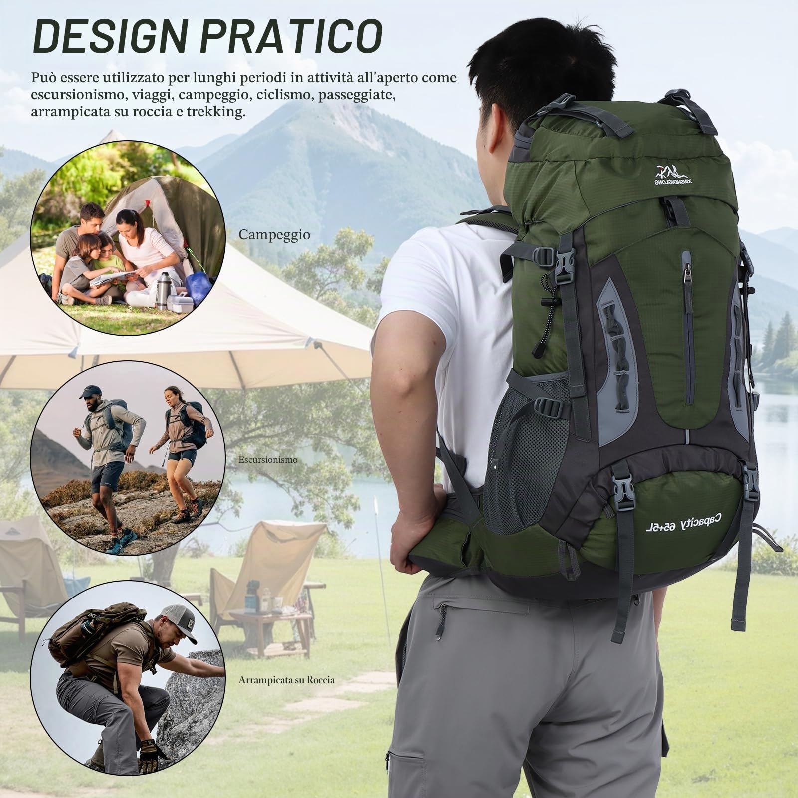 Zaino da trekking impermeabile da 70 litri con copertura antipioggia, grande zaino da viaggio per campeggio, camminata, arrampicata