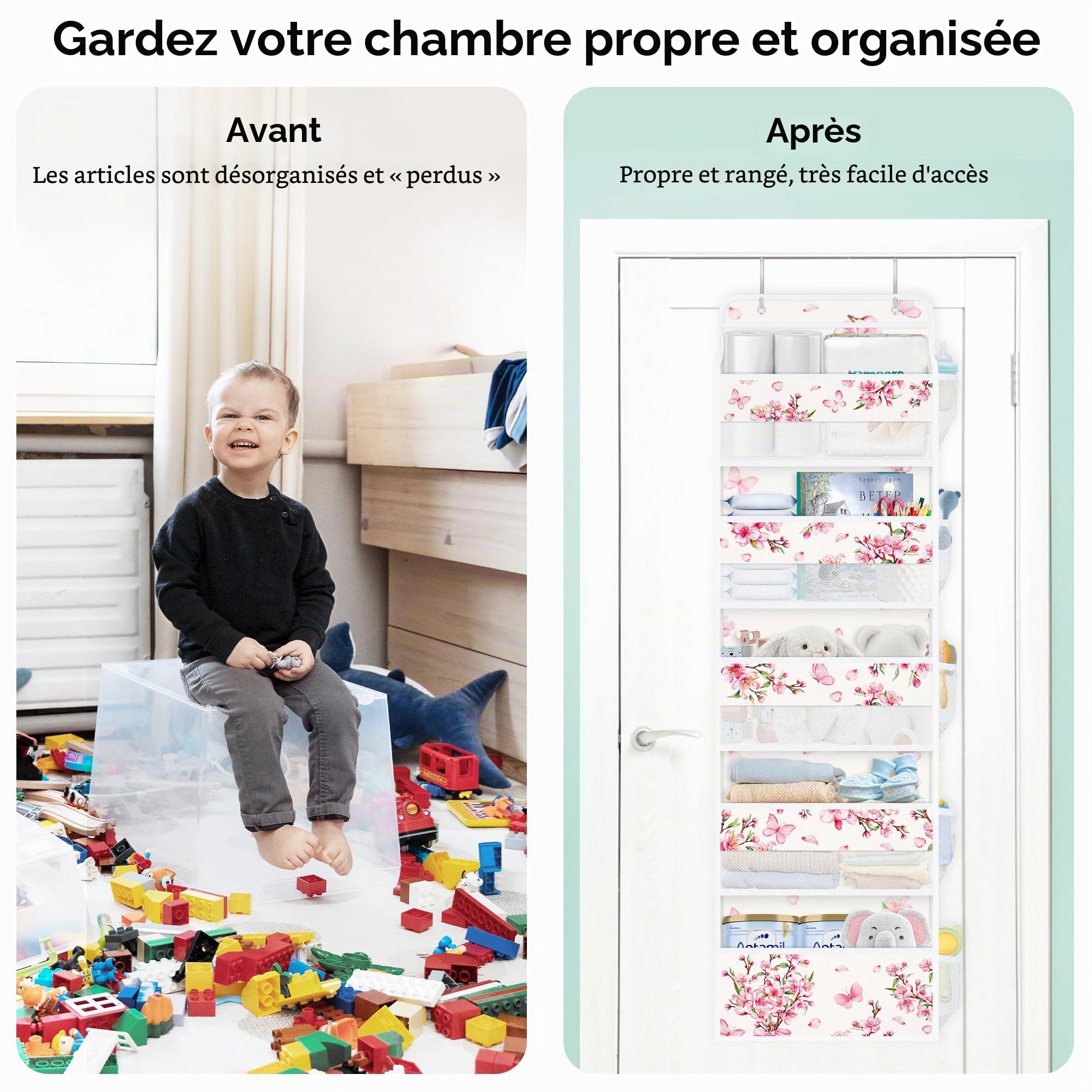 Clastyle Organisateur Suspendu Tissu Fleur Rangement Suspendu Femme Filles pour Jouet Couche Vêtement Étagère Suspendue Porte pour Chambre Salle de Bain Pantry, Fleur de Cerisier, 5 Compartiments