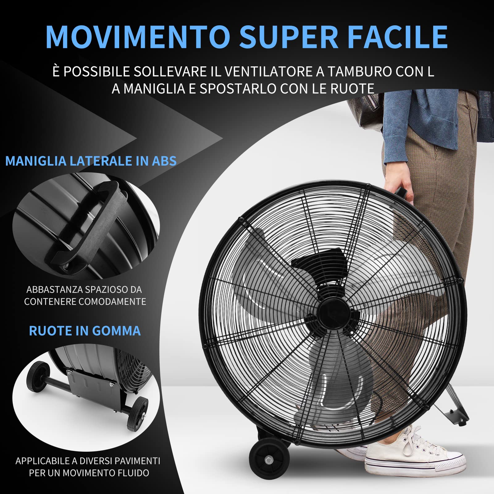 COSTWAY Ventilatore da Terra Industriale a 3 Velocità con Pale in Alluminio, Ventilatore a Piantana Potente ad Alta Velocità su Ruote in Gomma, 180W Max, 65x37x67 cm (Nero)