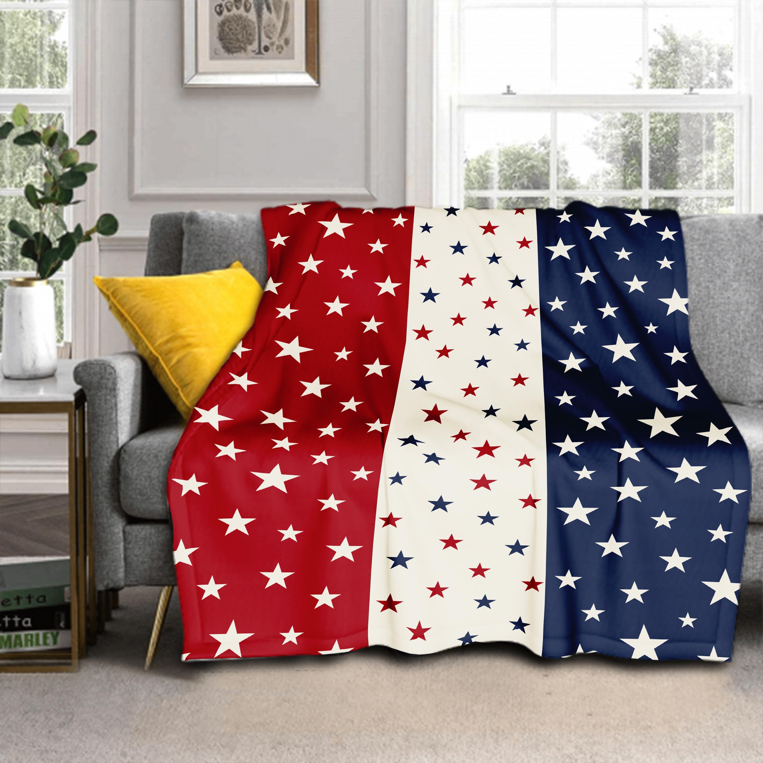 4th of July Blue Red Patriotic Throw Blanket 60"x50" Star Print Memorial Independence Day Blanket Lightweight Soft Blanket Farmhouse Seasonal Holiday
