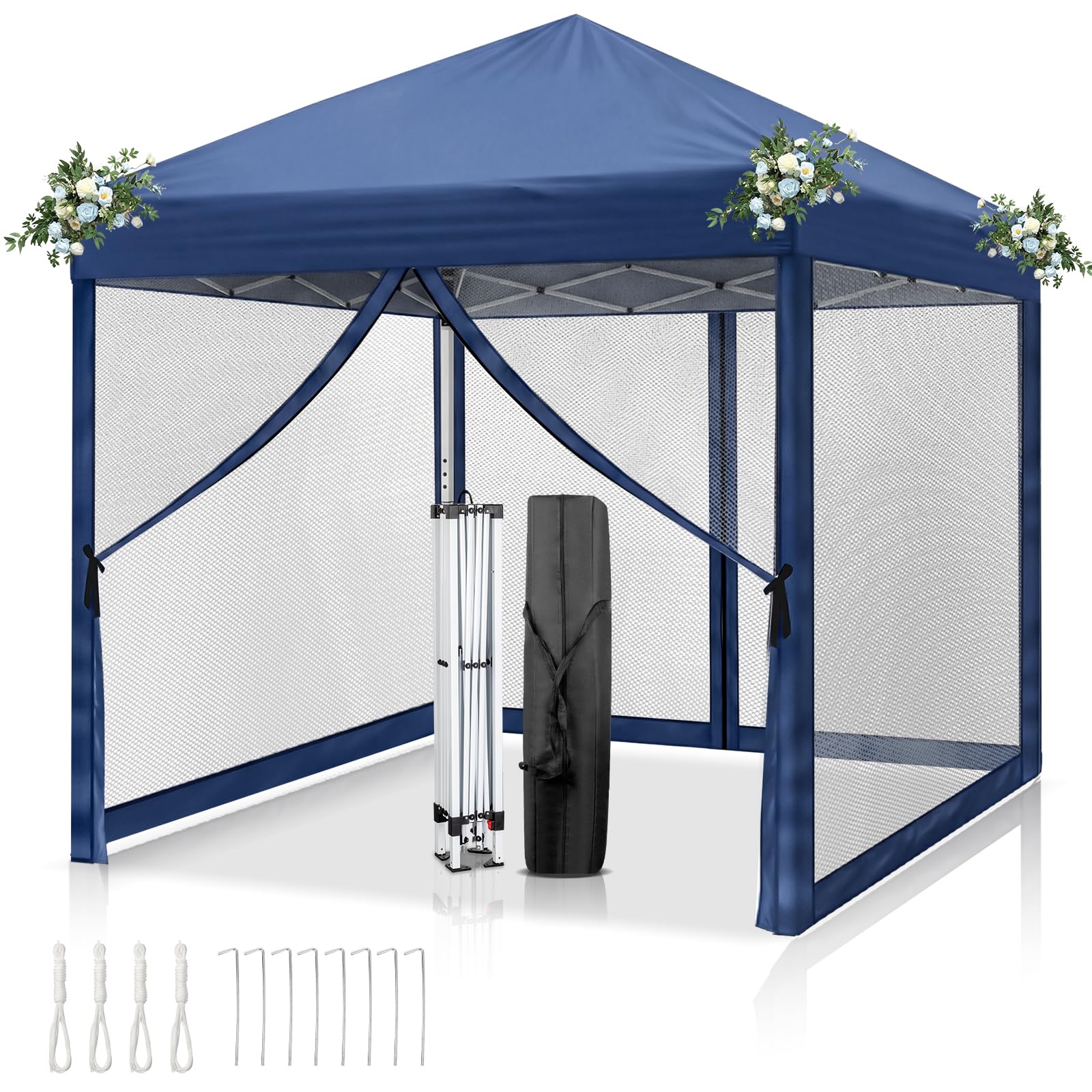 LEADZM Gazebo 3x3m, Pieghevole, Impermeabile, Protezione UV 50+, Regolabile in Altezza con 4 Zanzariere, Stabile, Ideale per Giardino, Terrazza, Campeggio e Uso Commerciale,Blu