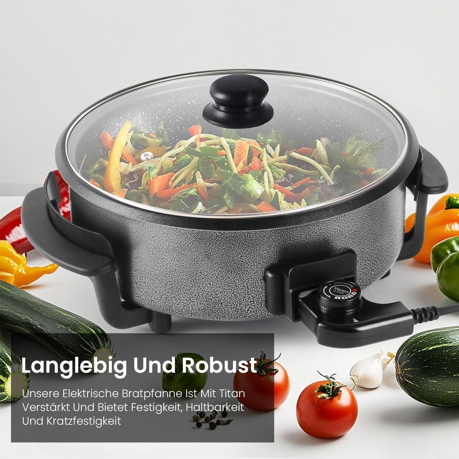 Sartén eléctrica de 42 cm con tapa, 1500 W, termostato ajustable para freír, asar, olla caliente y hacer pizza en reuniones familiares (9 cm de profundidad)